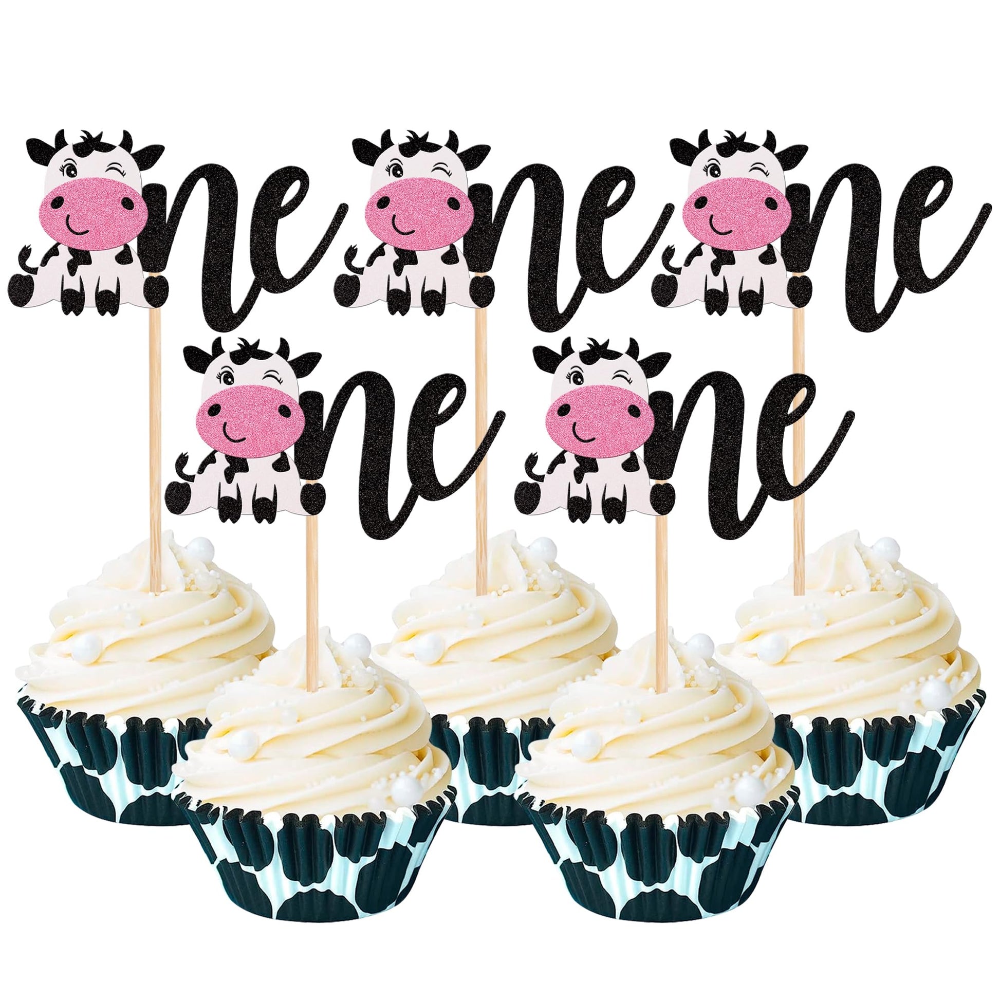 24 Pcs Cow One Cupcake Toppers Glitter Farm Animals First Birthday Cupcake Picks Decorations For Baby Shower Kids Boys Girls 1St