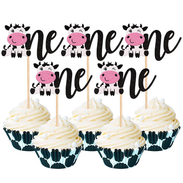 24 Pcs Cow One Cupcake Toppers Glitter Farm Animals First Birthday Cupcake Picks Decorations For Baby Shower Kids Boys Girls 1St
