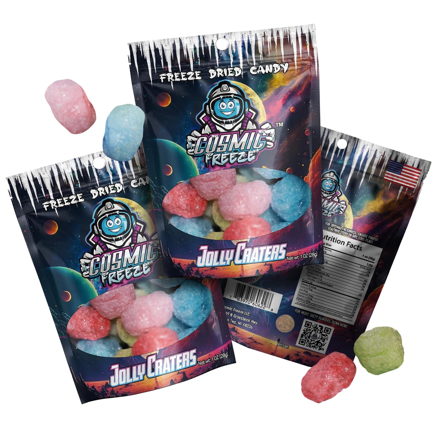 Cosmic Freeze Jolly Craters Dried Candy, Crunchy Dry Candy for Mix-In Snacks Dried, Gluten-Free, Made in USA, 1.0 Oz, 3-pack