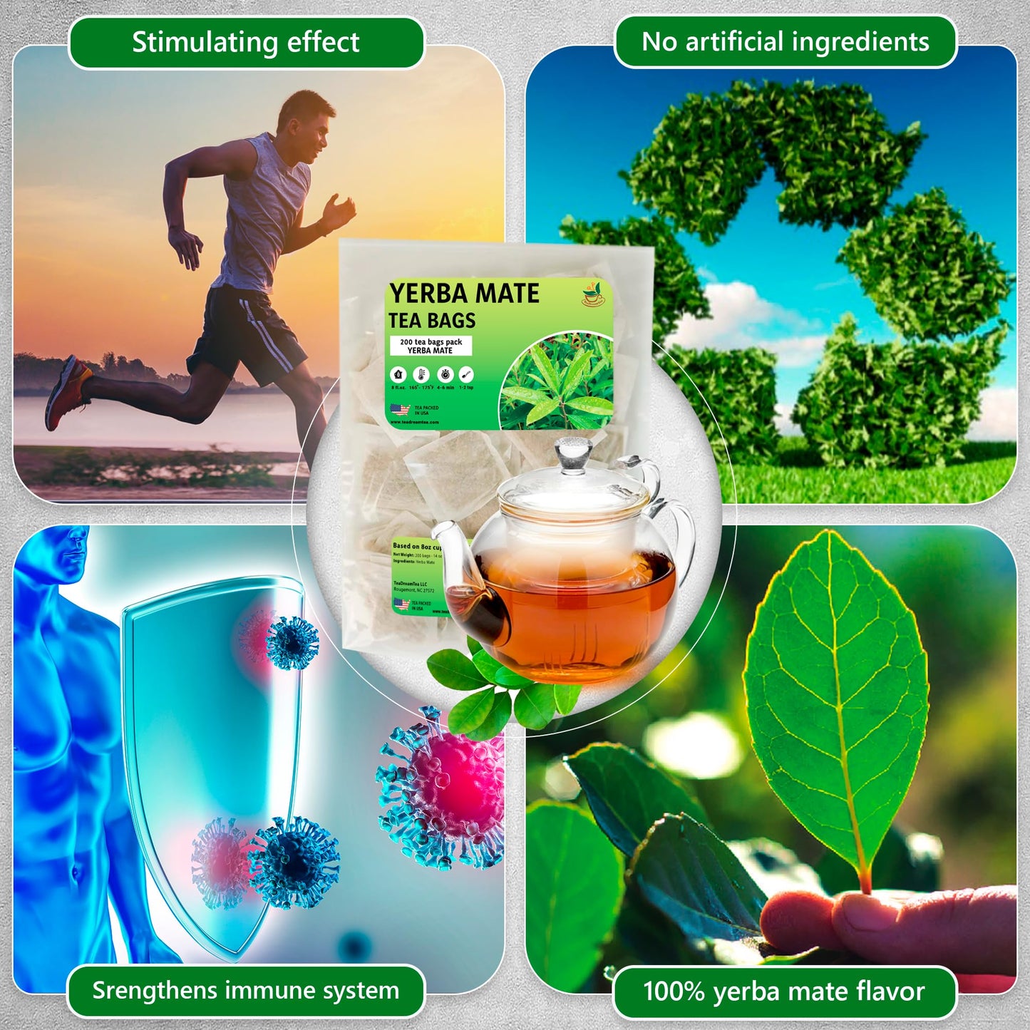 Yerba Mate Tea - Green Cut & Sifted - Unsmoked Energy Boost - 200 Tea Bags - Packed With Nutrients - Your Perfect Coffee Replace