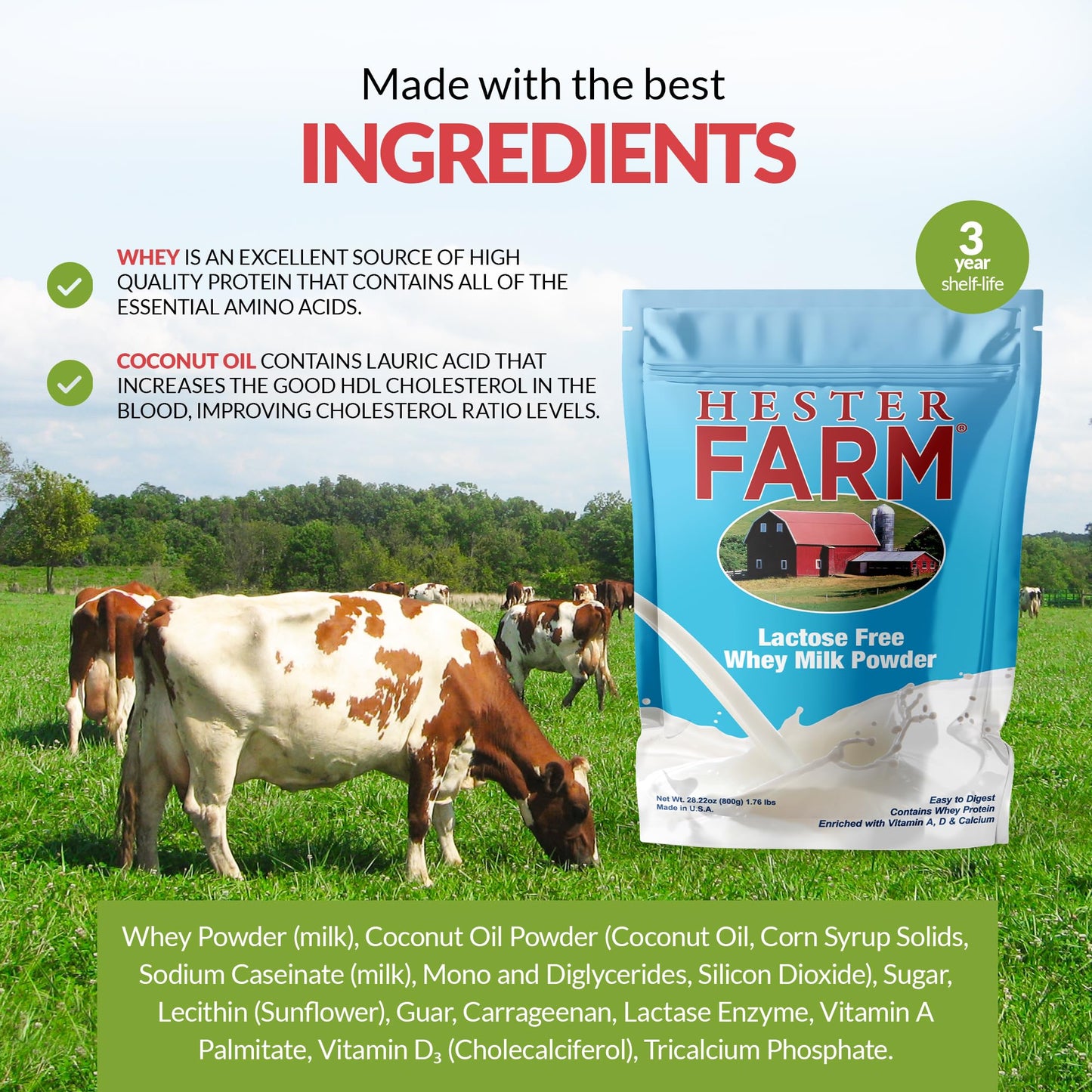 Hester FARM Lactose Free Whey Milk Powder, Lactose Free Milk Product, for Kids and Adults, for Drinking, Cooking, Baking, 800g M