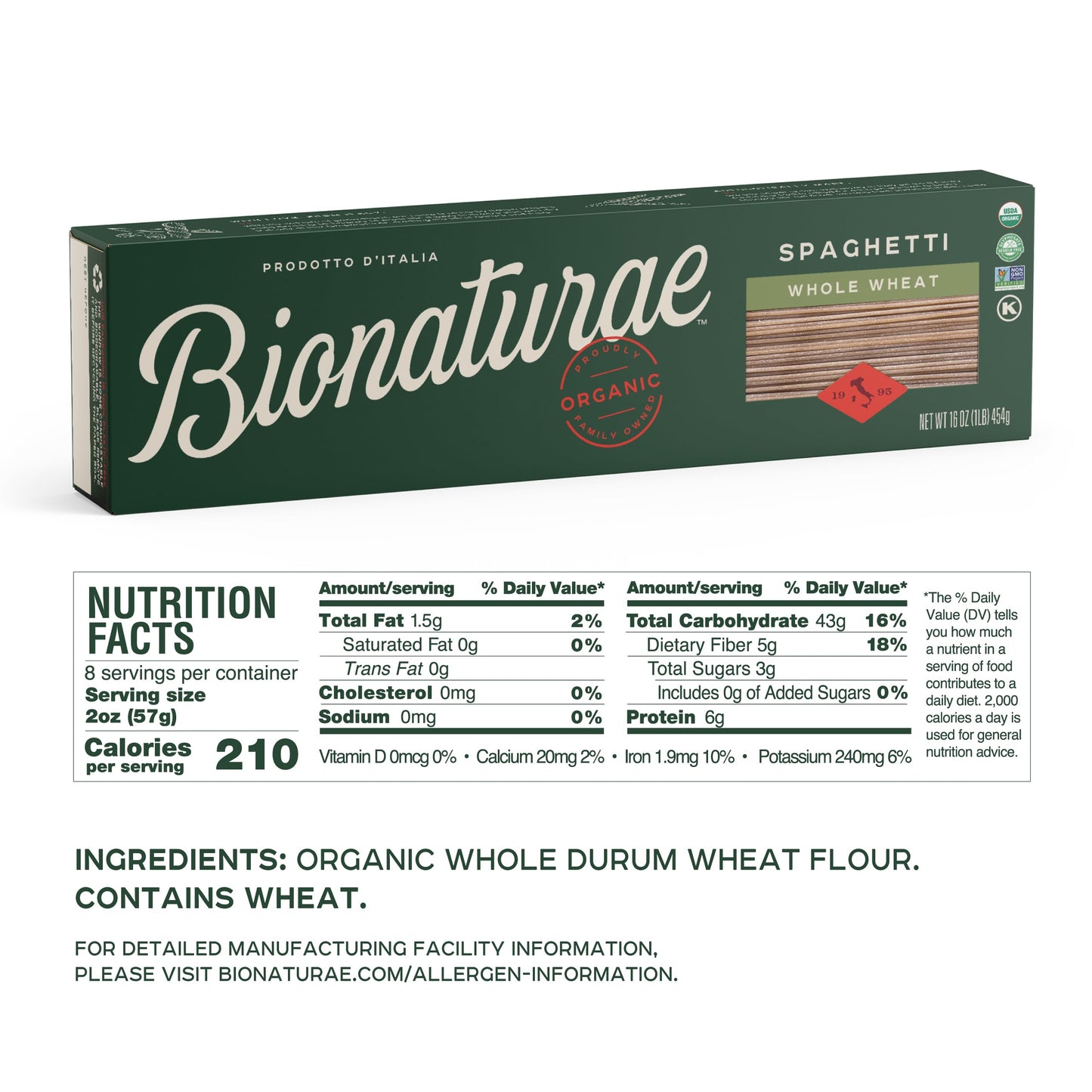 Bionaturae Spaghetti Pasta Noodles - Whole Wheat Pasta, Kosher Certified, High Protein, Non-Gmo, Usda Certified, Whole Wheat Spa