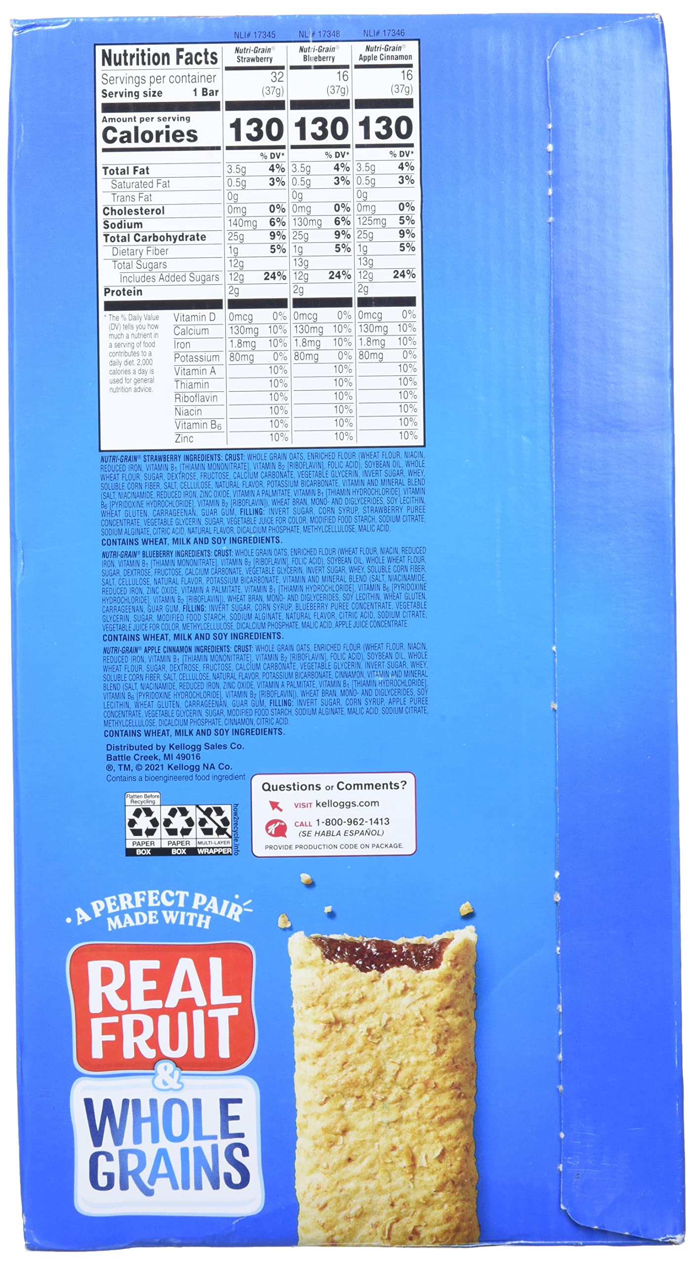 Cereal Bars Kellogg'S Nutri-Grain Breakfast Bars, Variety, Strawberry,Blueberry, 1.3 Oz, 64 Count