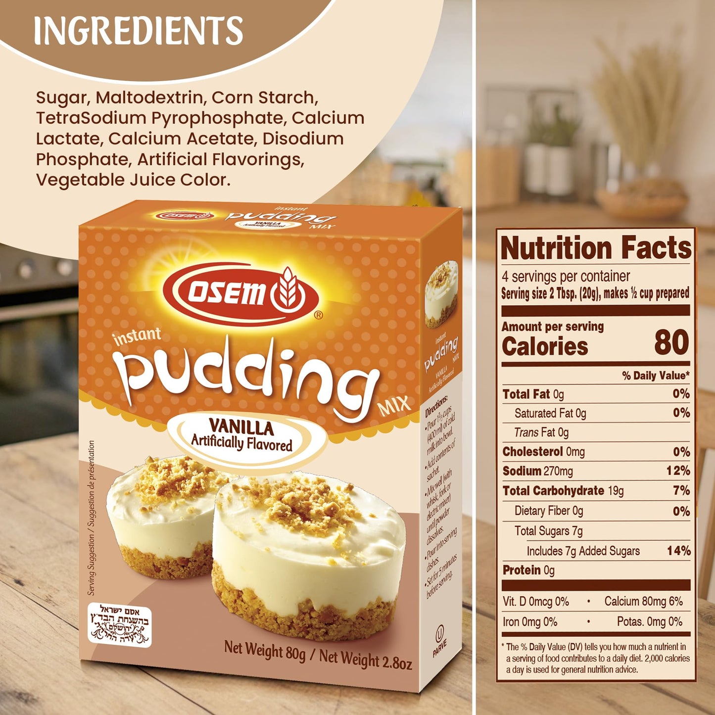 Osem Instant Pudding, Vanilla Flavor, 2.8 Oz (Pack of 6) – 80 Calories/Serving, Quick & Easy Dessert, 24 Servings Total
