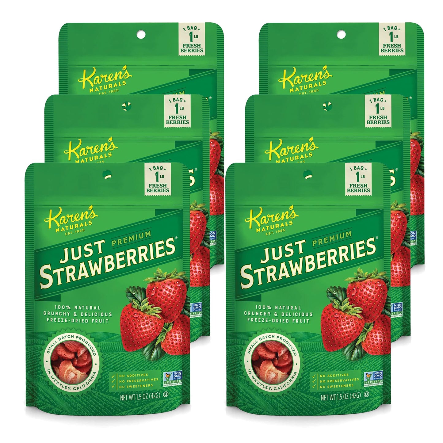 Karen's Naturals Freeze-Dried Strawberries, 1.5oz, Pack of 6 - Flavor Packed Freeze Dried Fruit Snack, Crunchy Strawberries, Hea