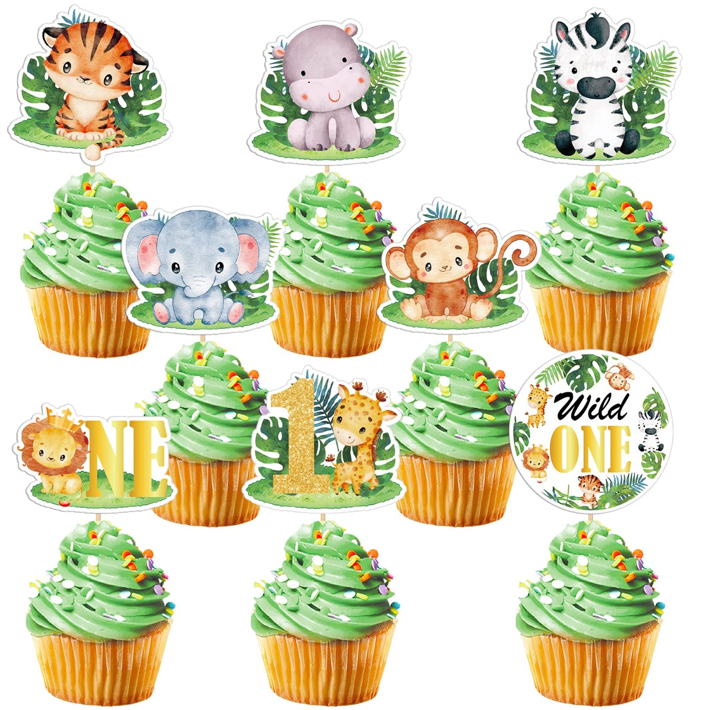 Weecent 48 Pcs Wild One Cupcake Toppers Baby 1St Birthday Decorations Jungle Safari Theme Cake Toppers For Baby Boy Girls Safari