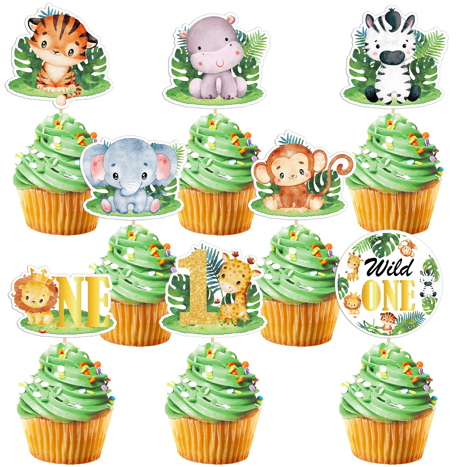 Weecent 48 Pcs Wild One Cupcake Toppers Baby 1St Birthday Decorations Jungle Safari Theme Cake Toppers For Baby Boy Girls Safari