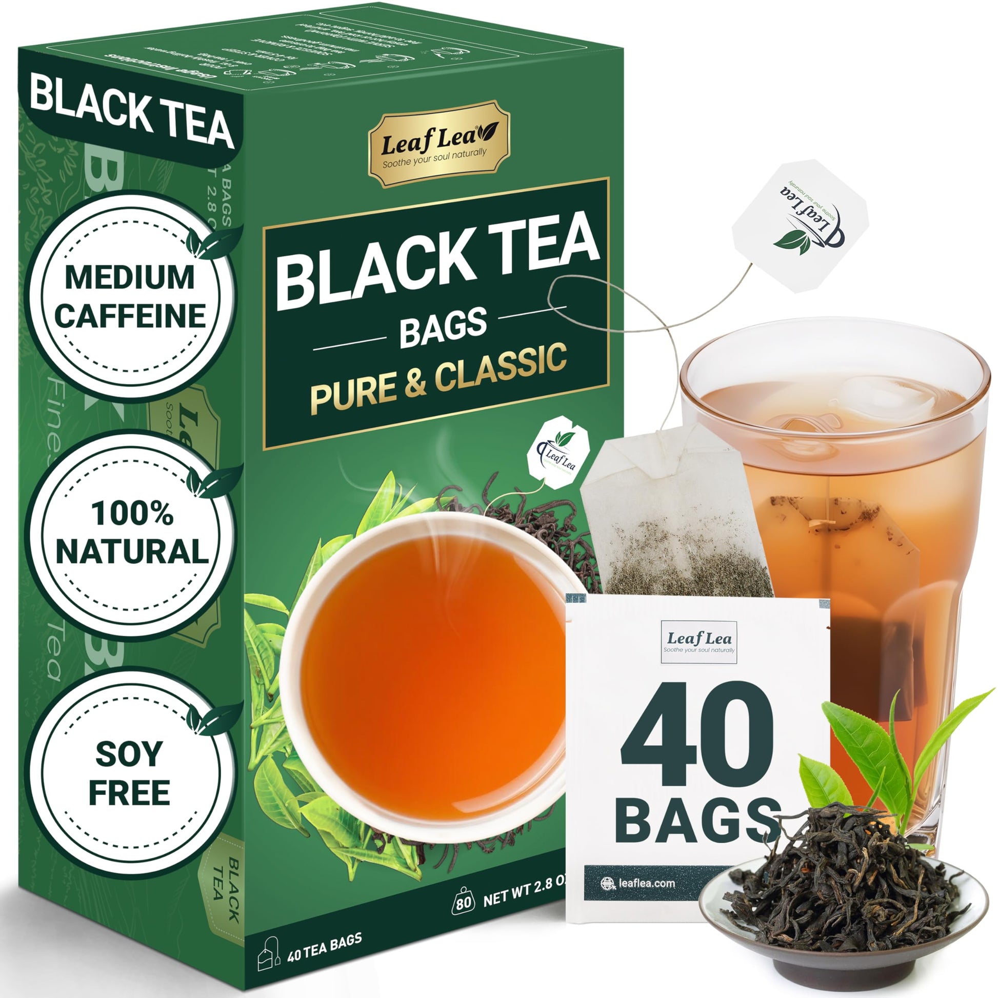 Leaflea 40 Black Tea Bags  Top-Grade Full-Bodied Black Tea Leaves  Strong Robust And Flavoury  Digestive Ease & Natural Alertness With Energy Blend  Sugar-Free  Vegan  Individually Wrapped