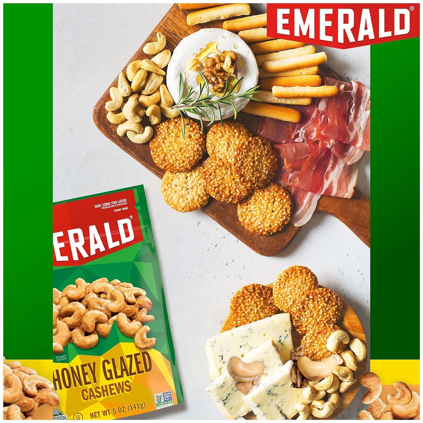 Emerald Nuts, Honey Glazed Cashews, 5 Oz, Resealable Bag (Pack Of 4)