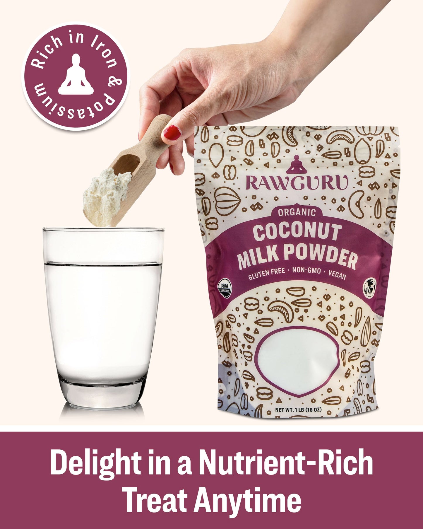 RawGuru Organic Coconut Milk Powder - Vegan & Nutrient-Dense Powder with Iron & Potassium - Rich & Creamy Organic Milk for Drink