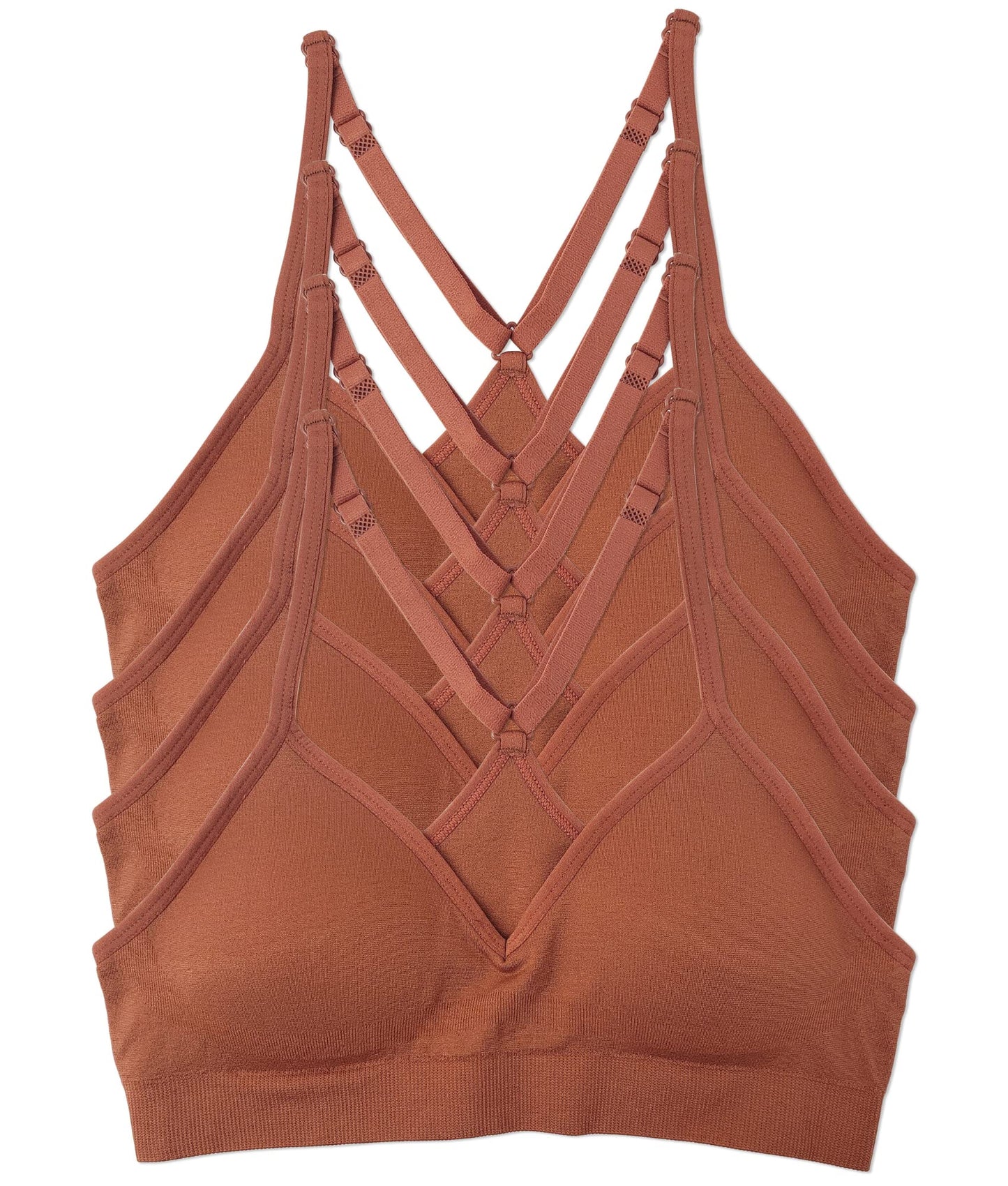 Kalon Womenas 4 Pack Racerback Sports Bralette Seamless Wireless Comfort Bra (1X, Dark Caramel)
