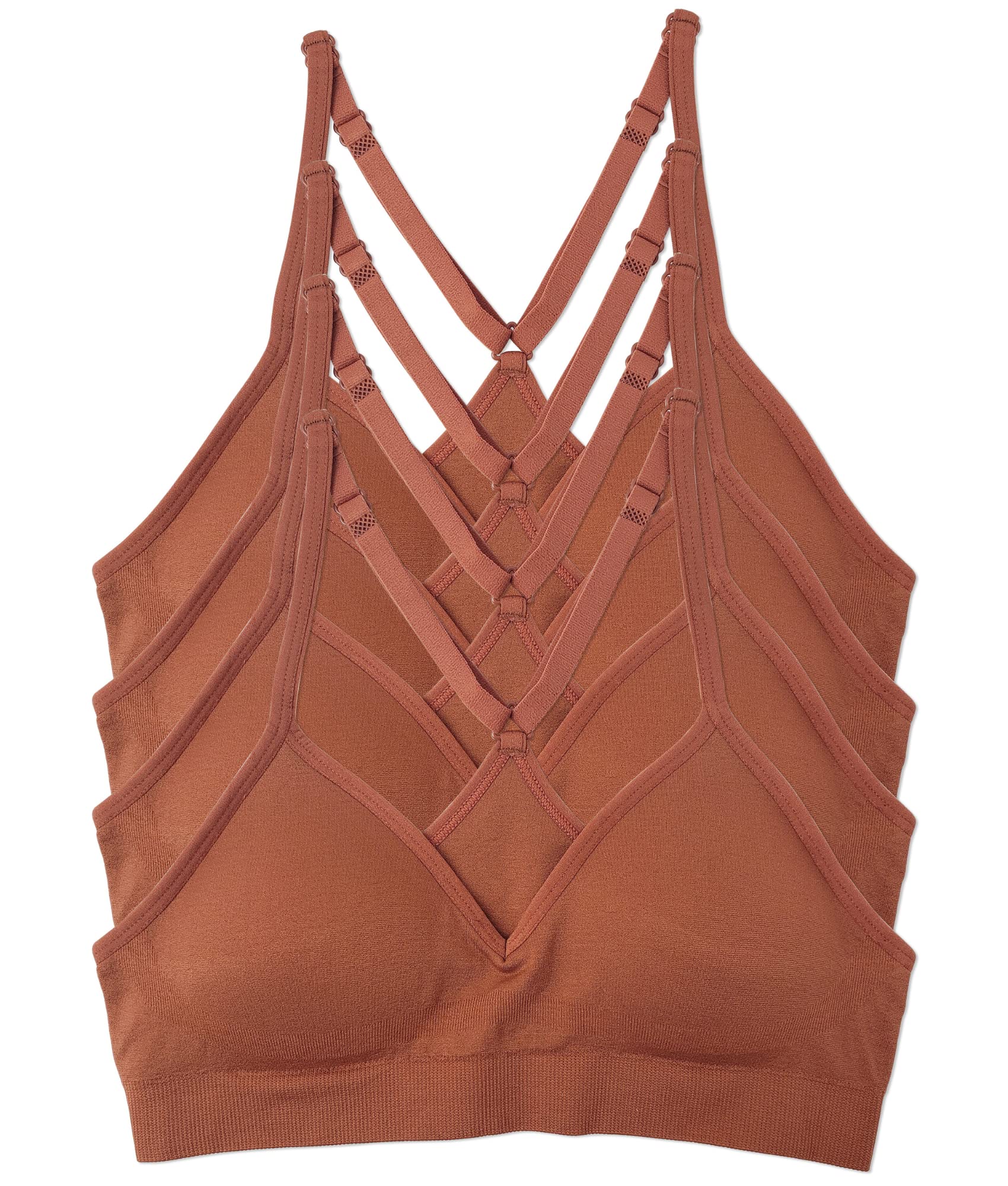 Kalon Womenas 4 Pack Racerback Sports Bralette Seamless Wireless Comfort Bra (1X, Dark Caramel)