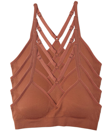 Kalon Womenas 4 Pack Racerback Sports Bralette Seamless Wireless Comfort Bra (1X, Dark Caramel)