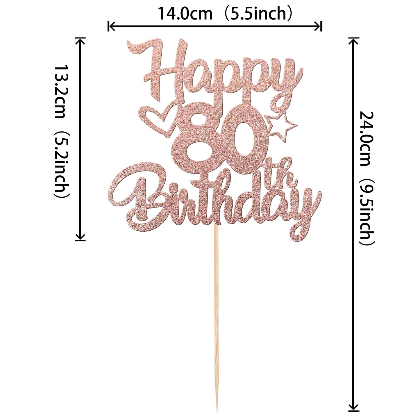 YCTHUNFISH 80th Birthday Cake Topper Glitter Heart Star Rose Gold Bamboo Decoration