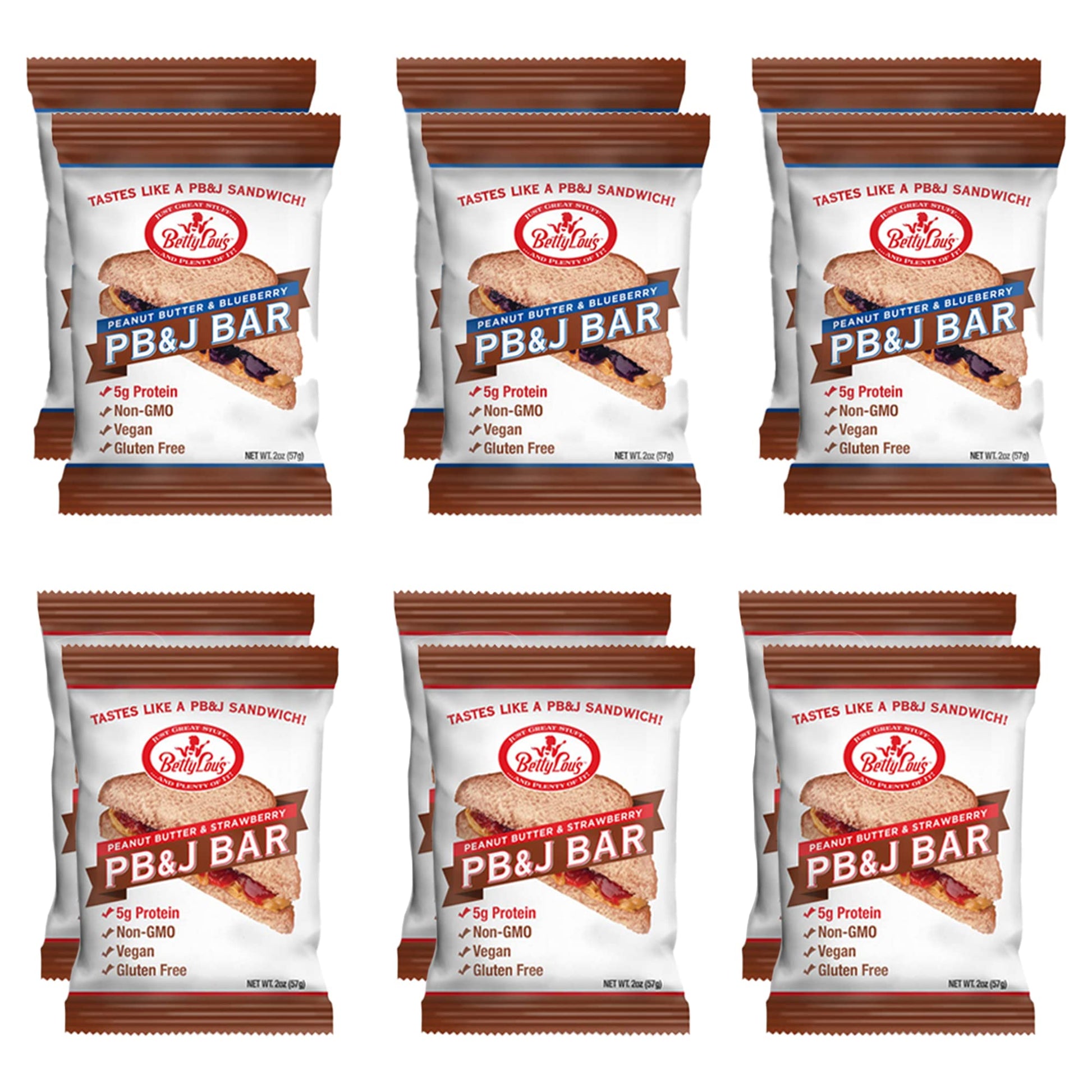 Betty Lous PB&J Bars Variety Pack, Gluten Free, Vegan, 12 Count (6 Strawberry, 6 Blueberry), Individually Wrapped