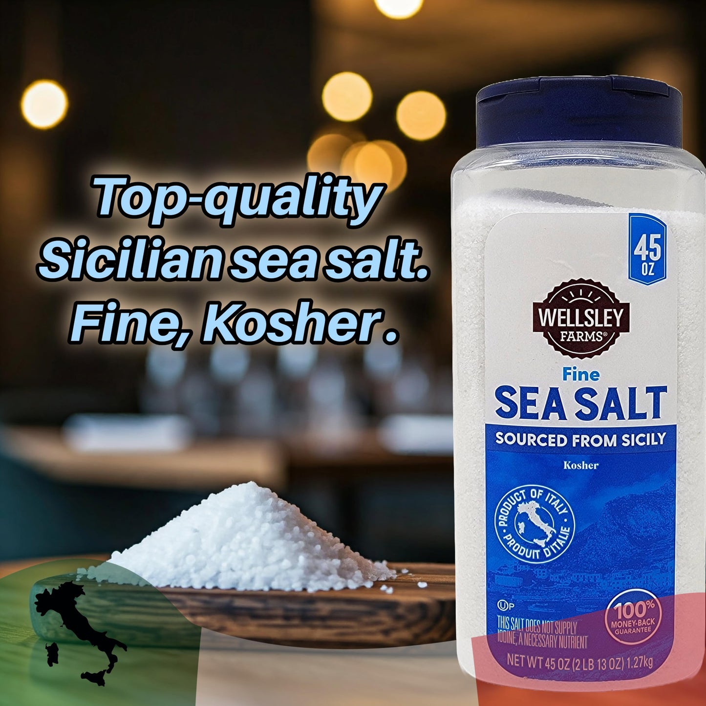 Wellsley Farms Sea Salt – Hand-Harvested Sicilian Sea Salt, Kosher, 45 Ounce Shaker