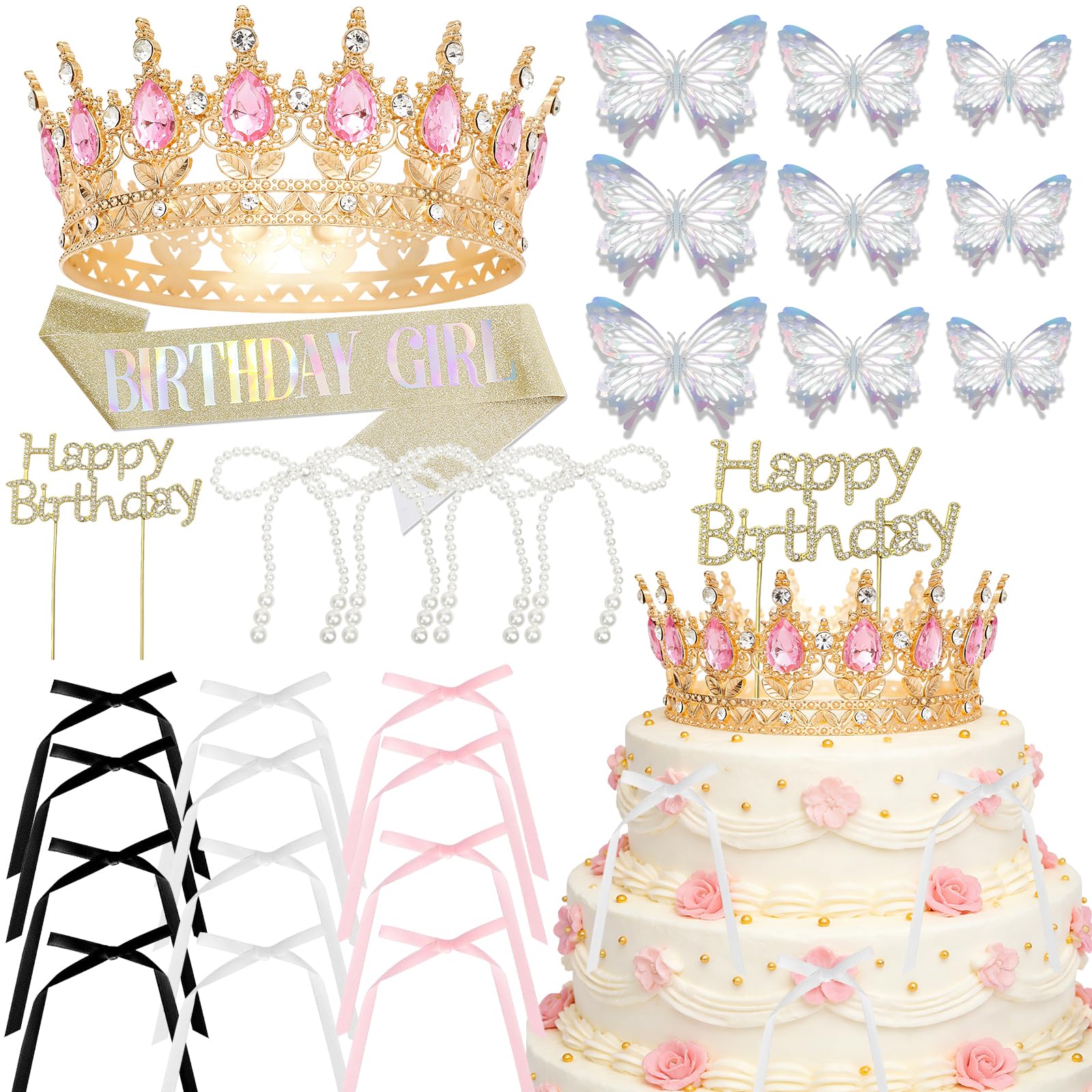 Jitinx 34 Pcs Crown Cake Topper  Crown Happy Birthday Cake Toppers With Crown Birthday Bow Cake Topper  Corona Para Pastel  Cake Decorations For Wedding  Party Decorations (Gold Pink)