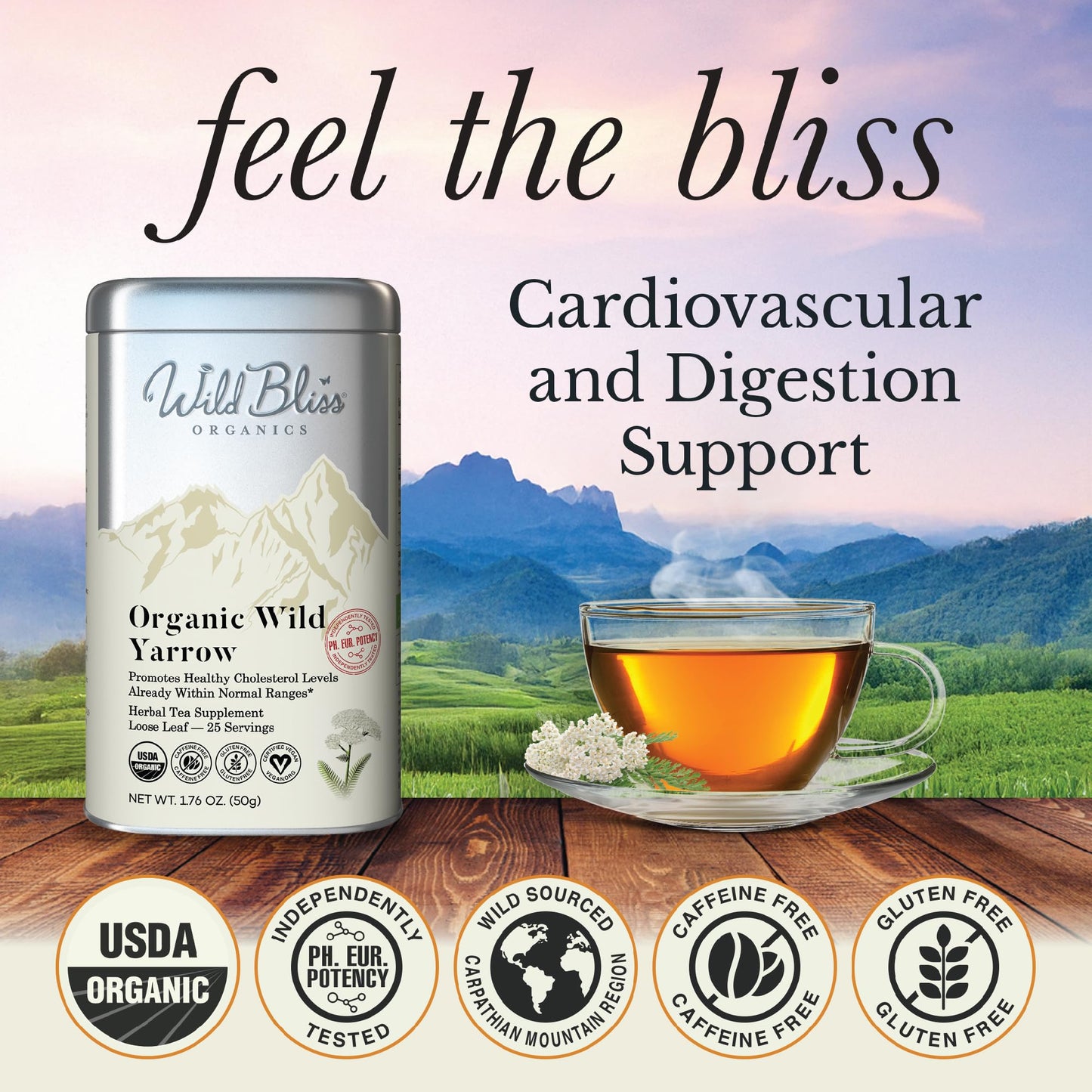 Wild Bliss Organic Yarrow Tea - Caffeine Free Loose Leaf Herbal Tea - 25 Servings - 1.76 Ounces