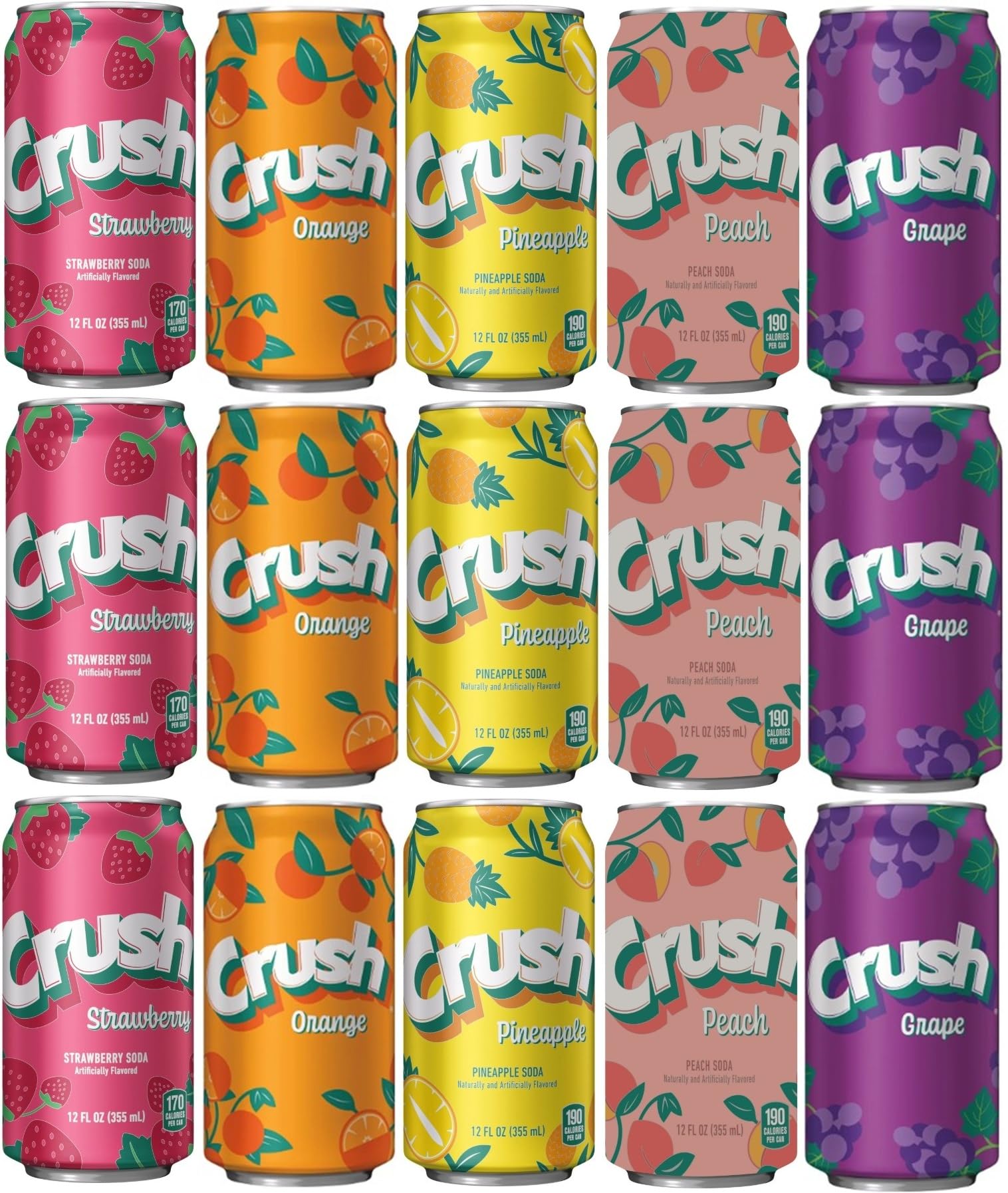 15 Pack Orange Peach Pineapple Strawberry Grape Variety Soda Pop Soft Drink Crush Cans 12oz