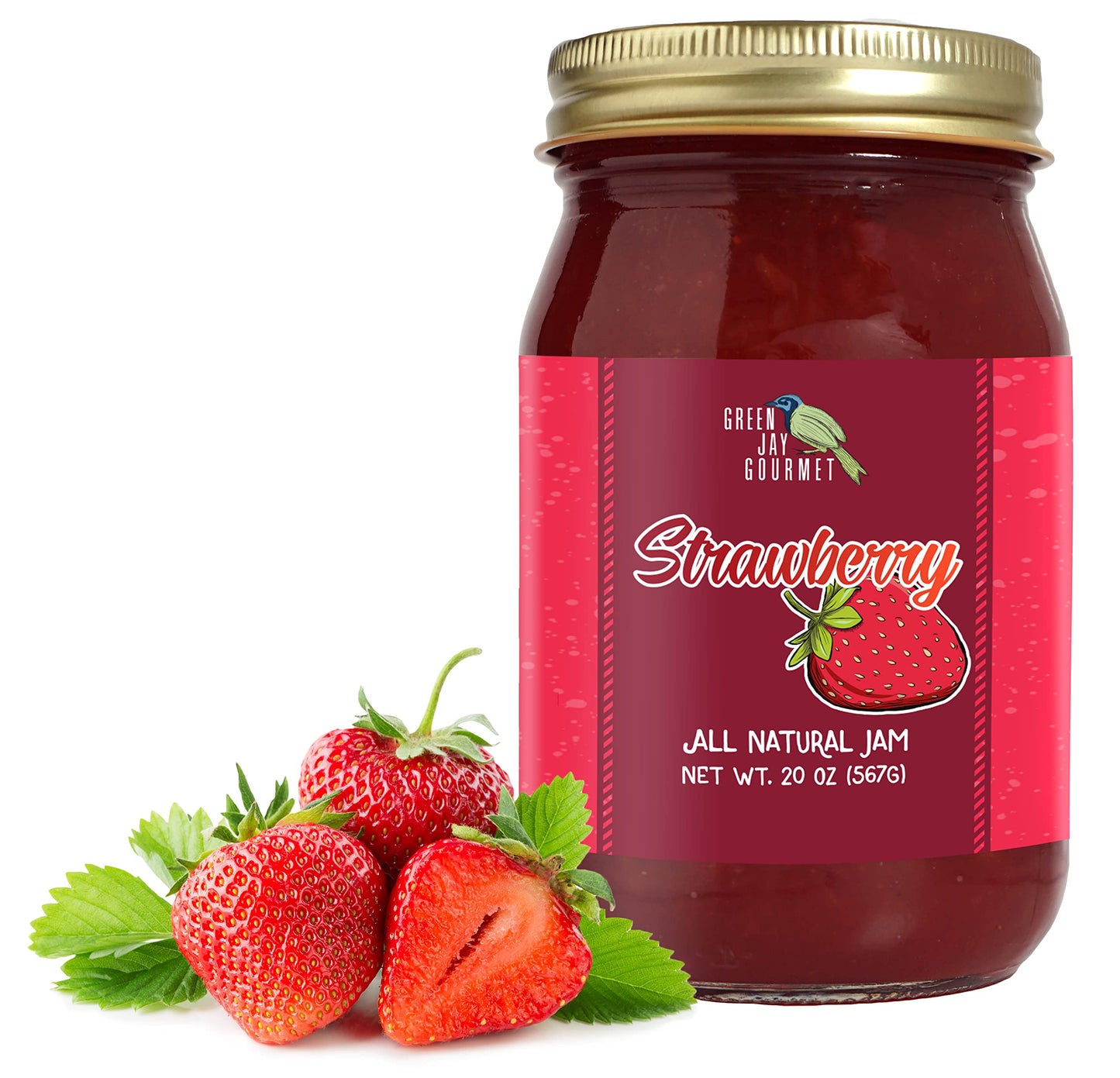 Green Jay Gourmet Strawberry Jam - All-Natural Fruit Jam With Strawberries & Lemon Juice - Vegan, Gluten-Free Jam - Contains No