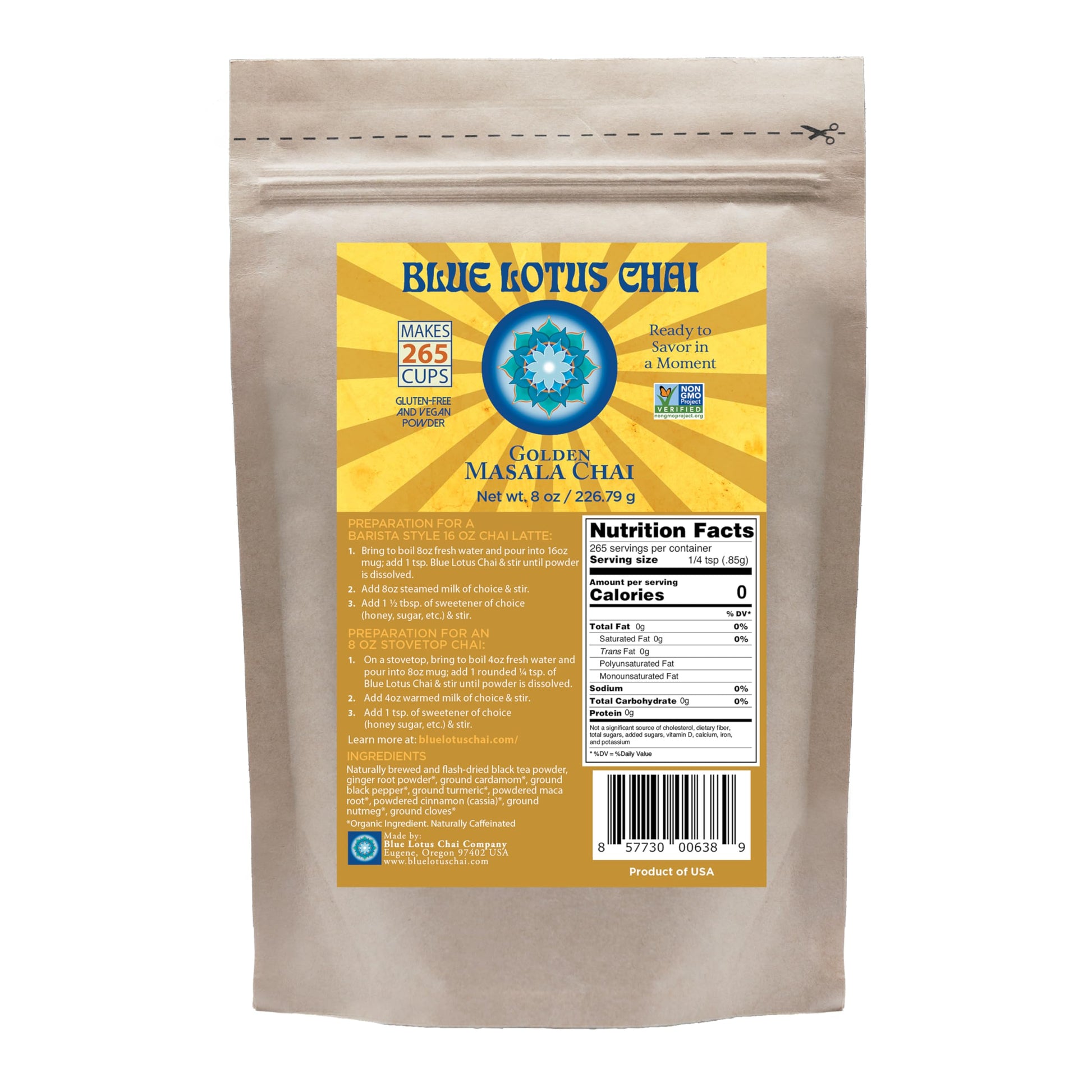 Blue Lotus Chai - Golden Masala Chai With Turmeric And Maca - Makes 265 Cups - Just Add Hot Water, No Steeping, No Gluten - 8 Ou