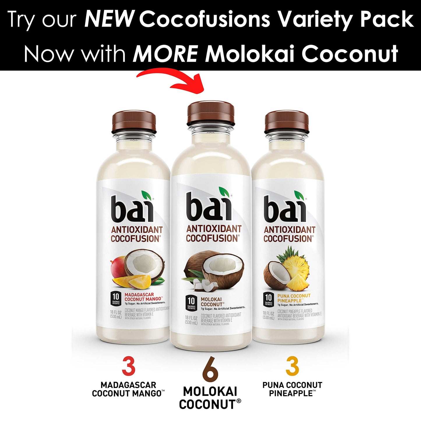 Bai Coconut Flavored Water Variety Pack III - 12 Pack, 18 Fl Oz, Assorted Flavors: Molokai Coconut, Madagascar Coconut Mango, Puna Coconut Pineapple