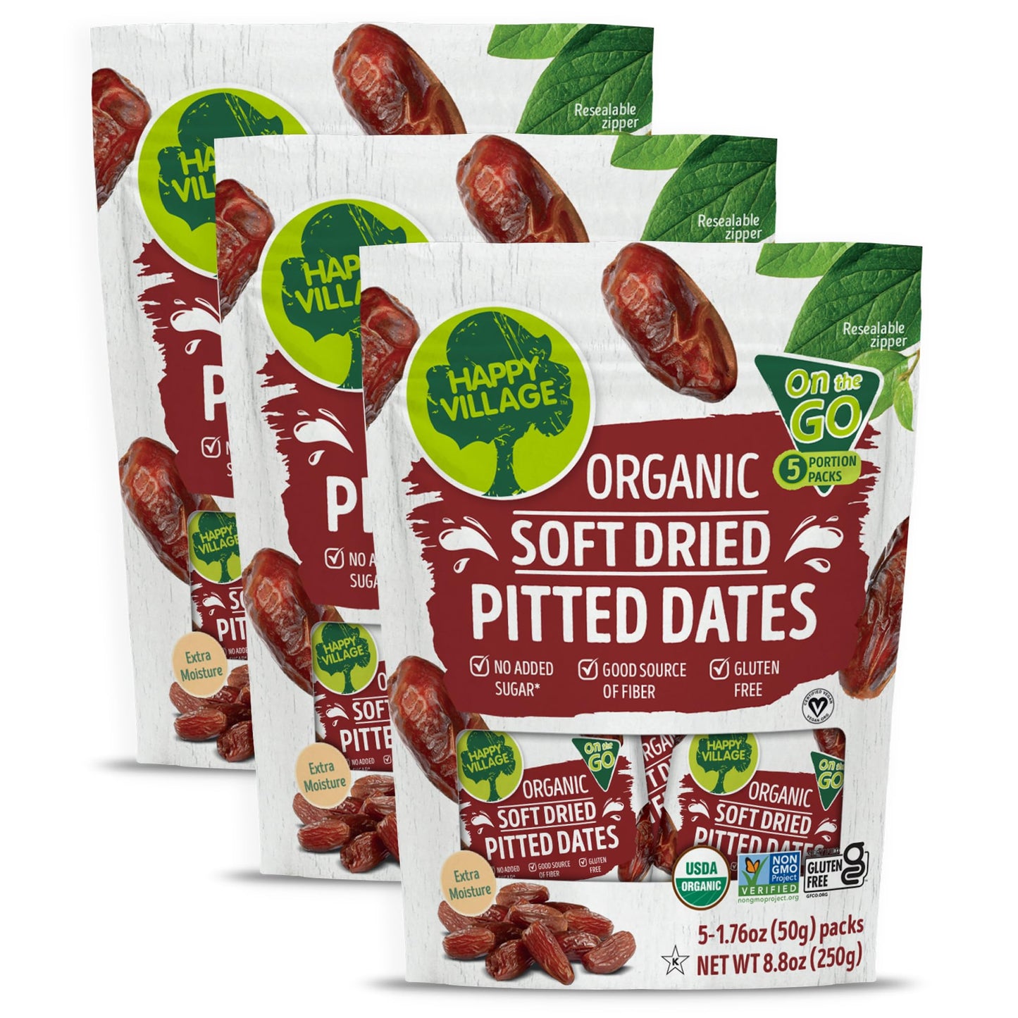 Happy Village Organic Soft Dried Pitted Dates On the Go - 3 Bags (15 Individual Portion Packs) | Healthy, Organic, Non-GMO, Vega