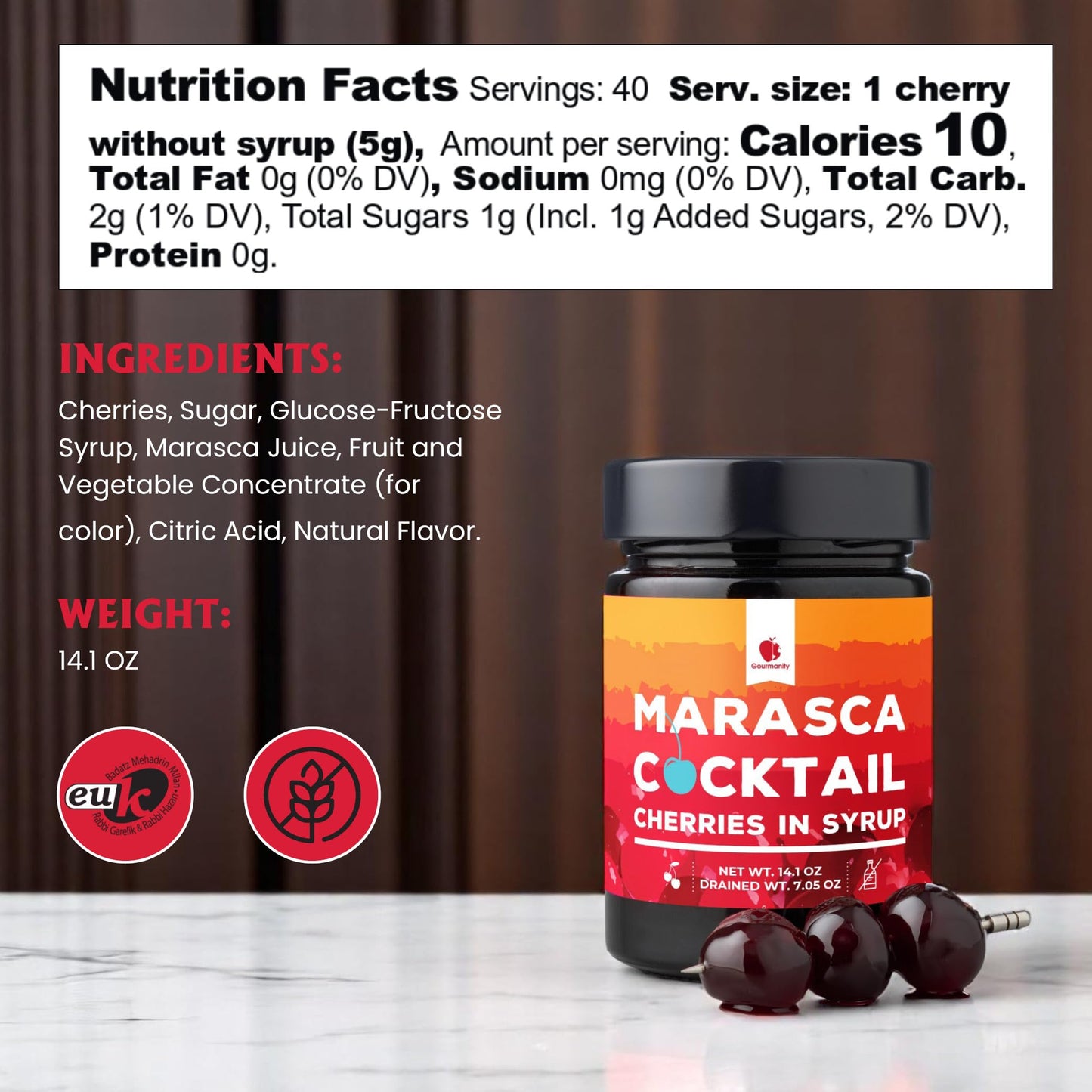 Gourmanity Cocktail Maraschino Cherries  Made from Italian Grown Marasca Cherries. Use in Manhattan  Old Fashioned  and Desserts (14.1oz Jar)