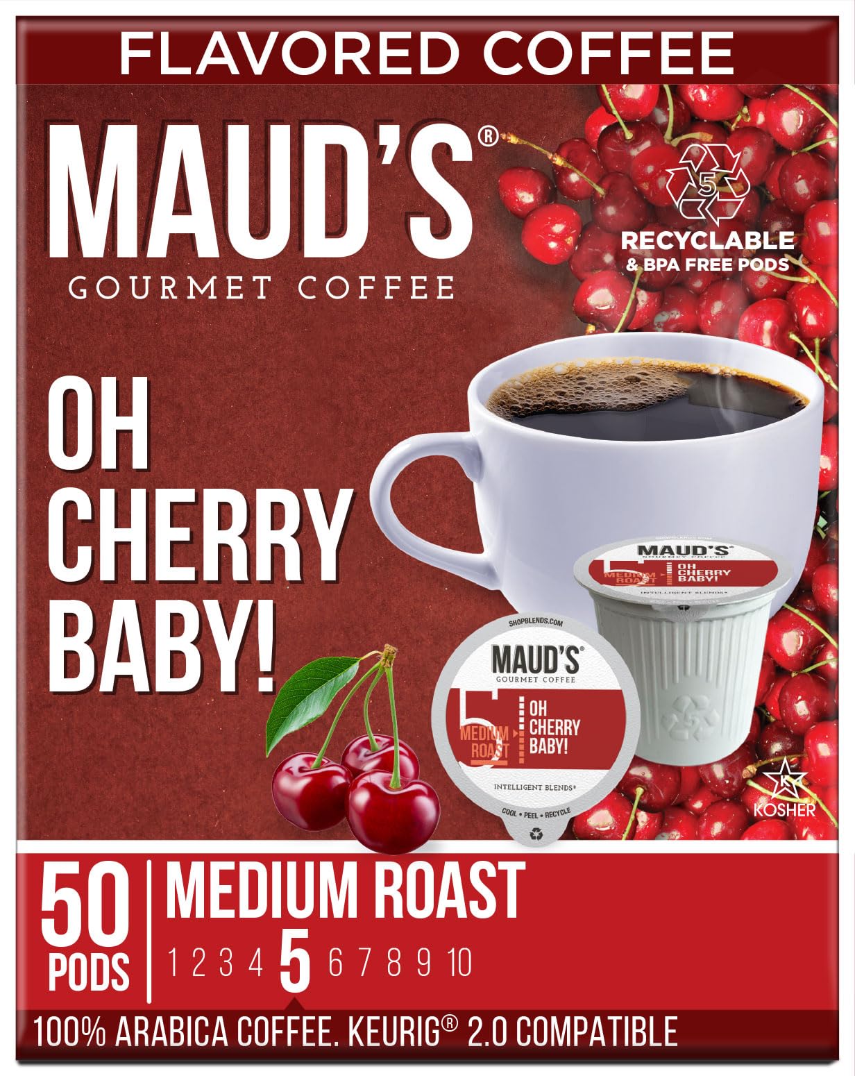 MAUDS Cherry Flavored Coffee Pods, Medium Roast, 50 Count, Compatible with Keurig K Cups, 100% Arabica Beans