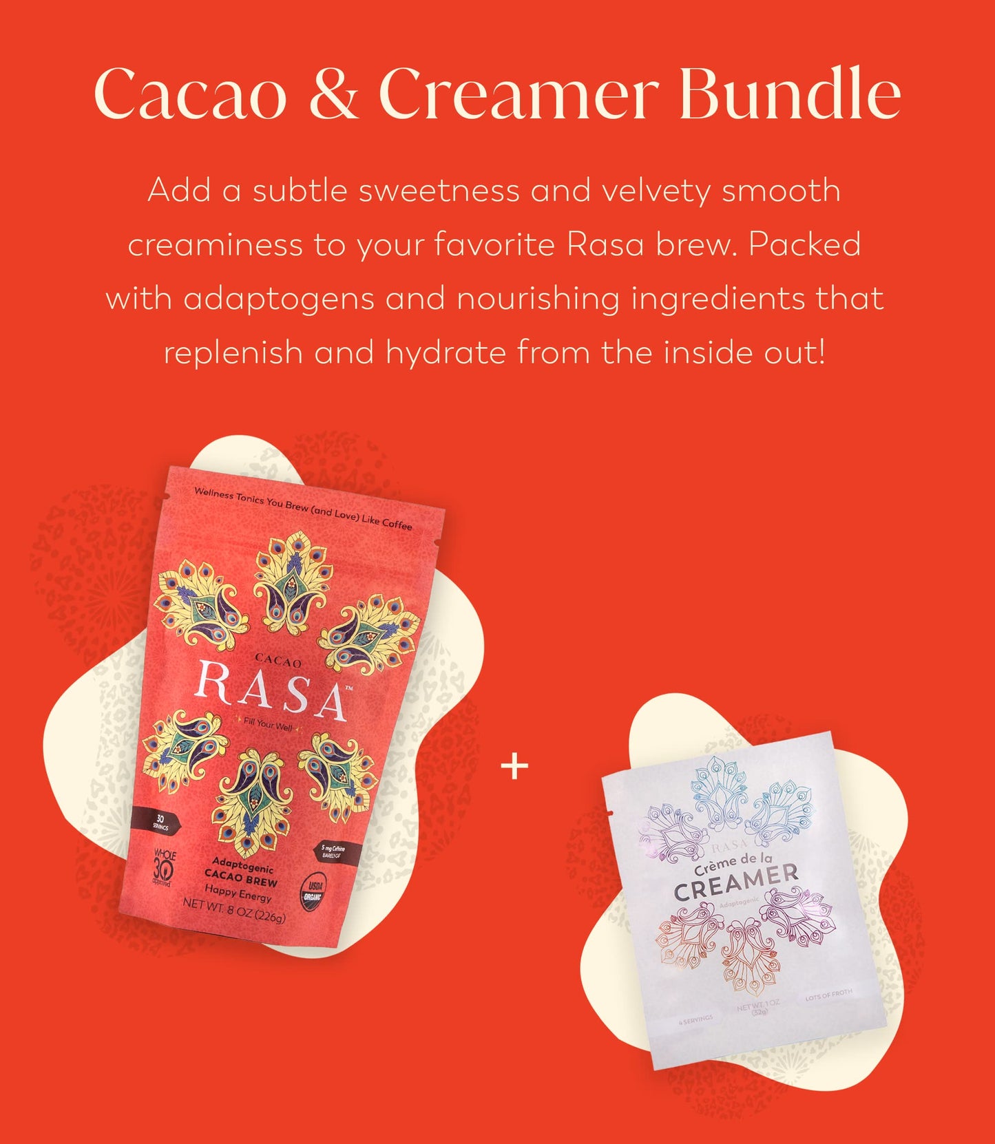 Rasa Cacao Adaptogenic Coffee Alternative & Non-Dairy Creamer Bundle - Vegan, Whole 30, Keto, 30 Servings