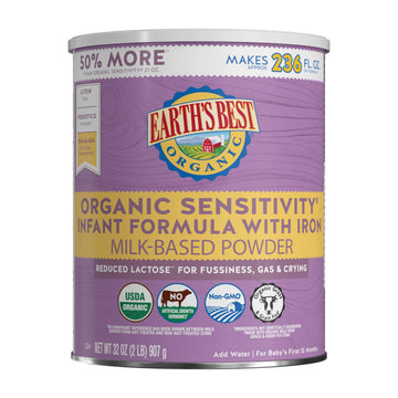 Earths Best Organic Sensitivity Infant Formula for Babies 0-12 Months, Reduced Lactose Powder Formula with Iron, Omega-3 DHA, and Omega-6 ARA, 32 Ounce Value Container