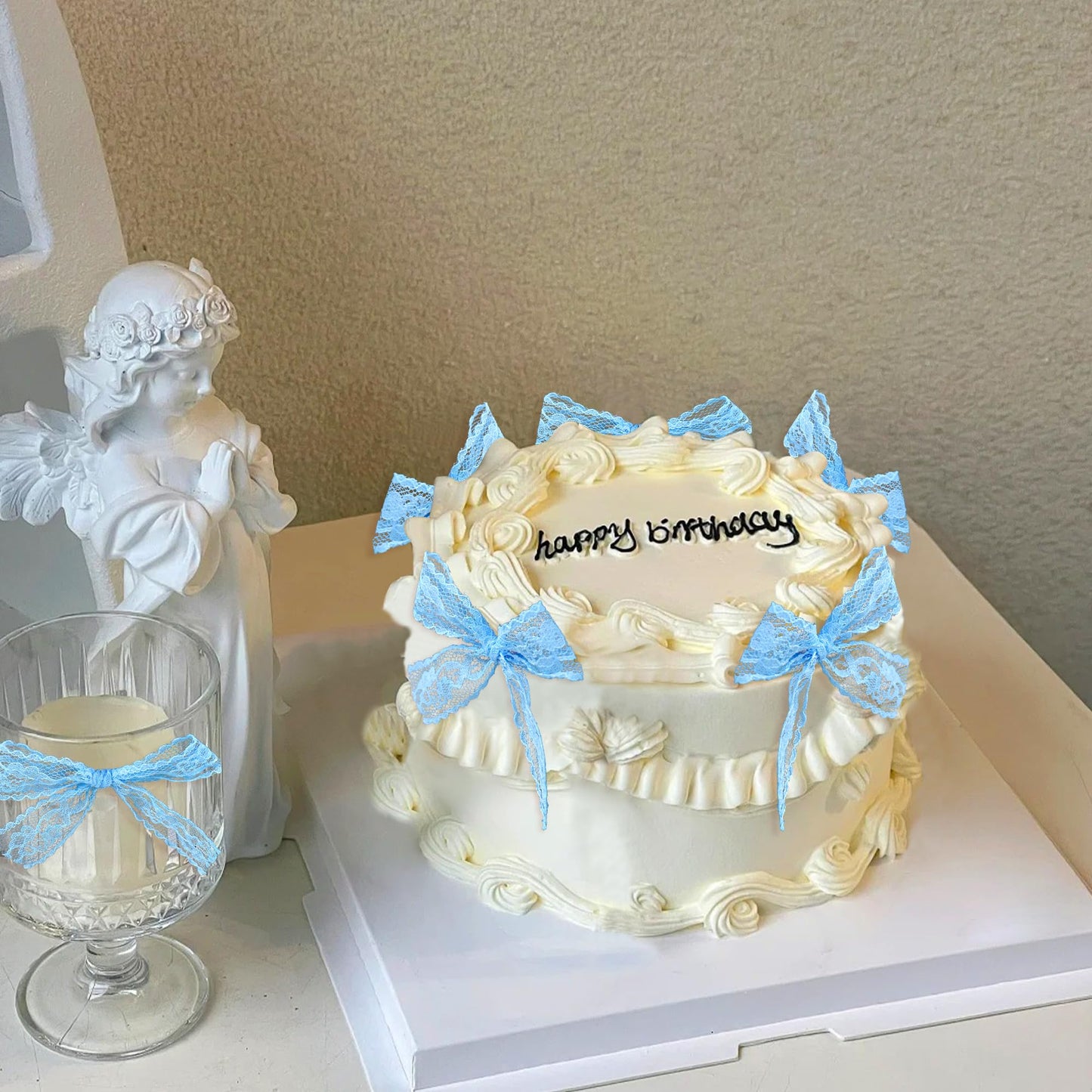 Cyodoos 24Pcs Blue Bow Cupcake Toppers Lace Bowknot Cupcake Toppers Cake Dessert Picks Decoration For Bridal Shower Bachelorette