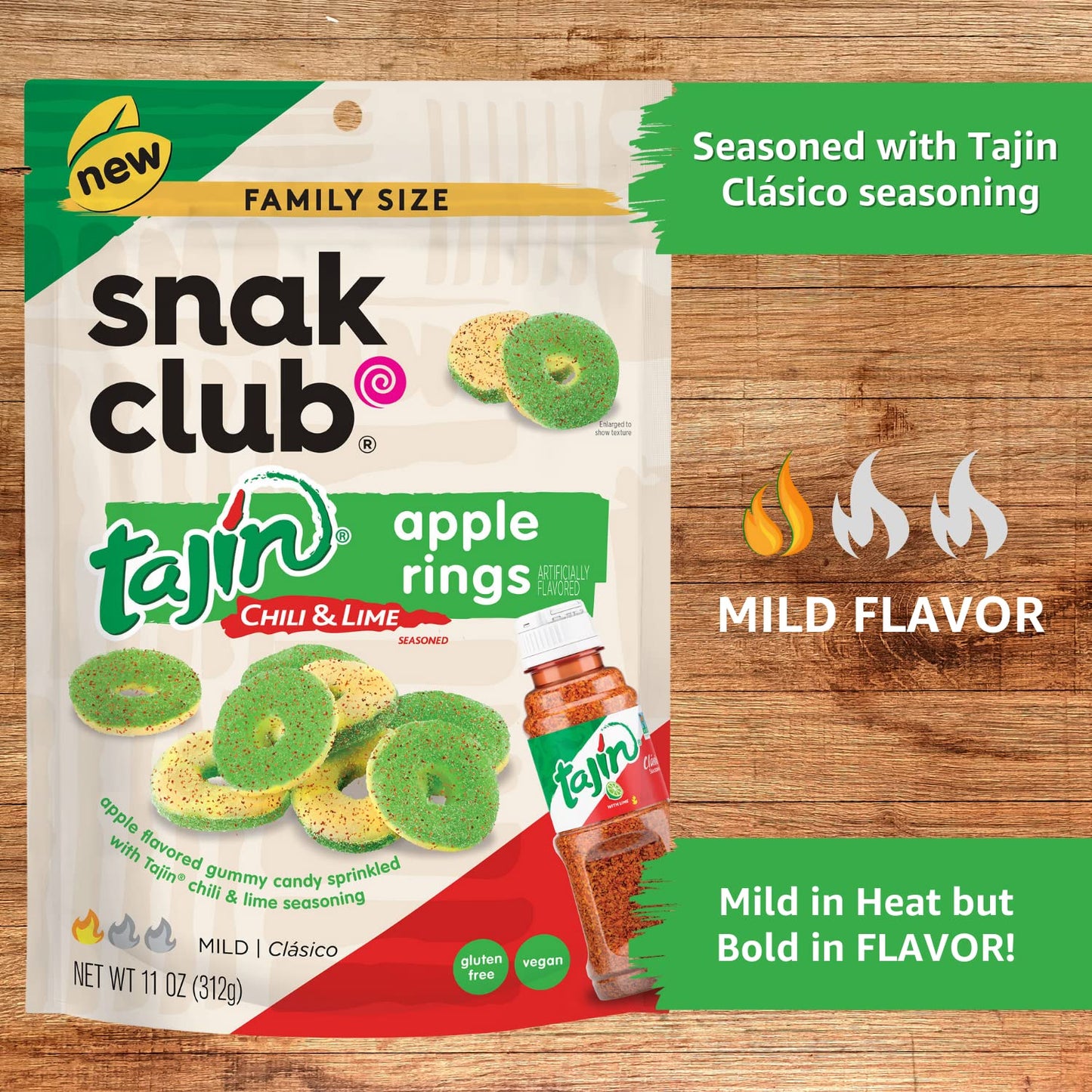 Snak Club Tajin Apple Rings, Sweet & Tasty Gummy Snacks, 11Oz Family Size, Resealable Bag, 6 Count