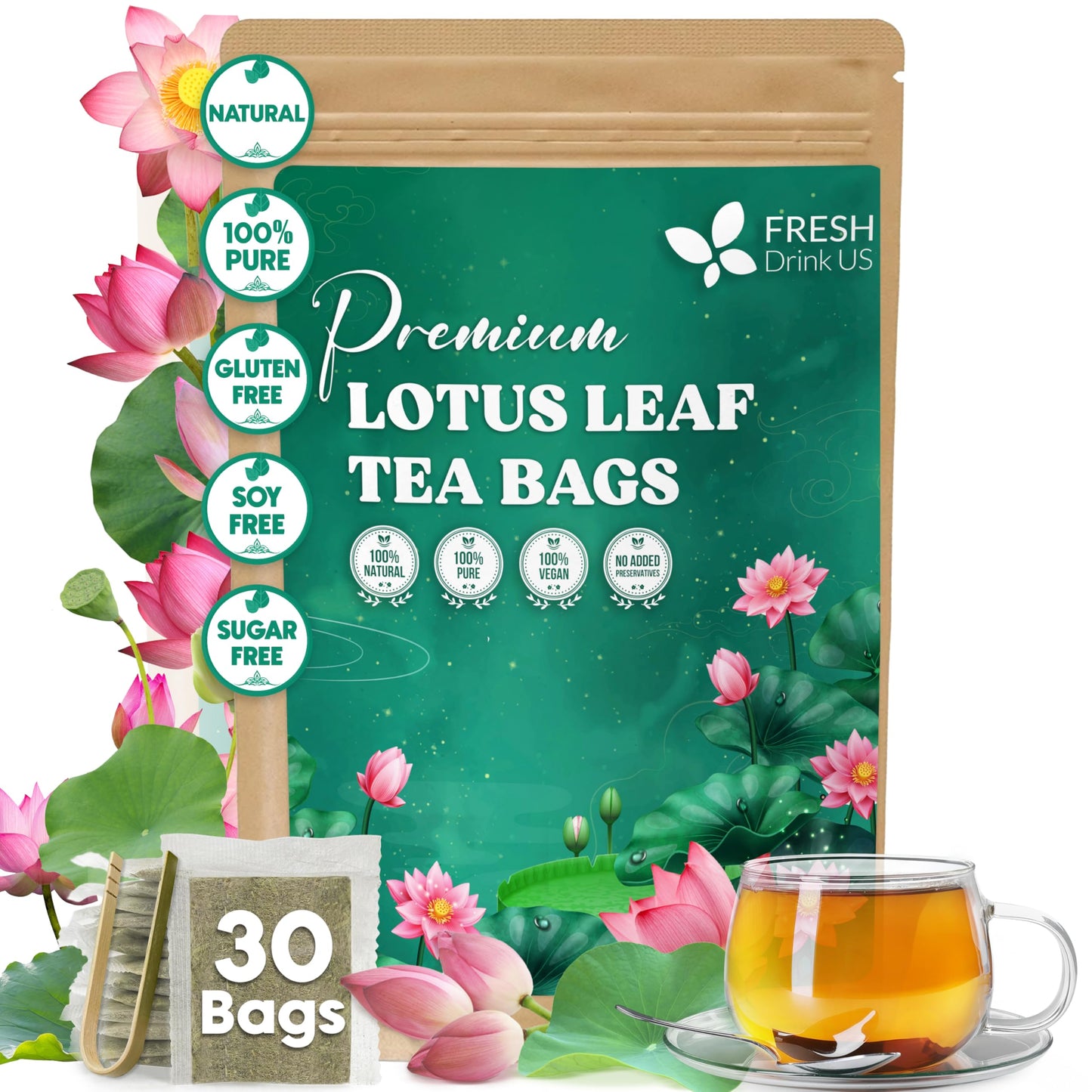 FRESHDRINKUS Premium Lotus Leaf Tea Bags, 100% Natural, Vegan, 30 Count