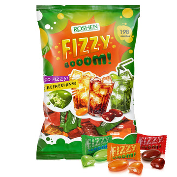 Roshen Fizzy Boom Candy - 2.2 lb Bulk Bag of Fizzy Hard Candies  Assorted Zesty Orange  Cola & Lemon-Lime Flavors - Retro Sour Candy  Individually Wrapped  Kosher  Halal  Hard Candy with Fizzy Center