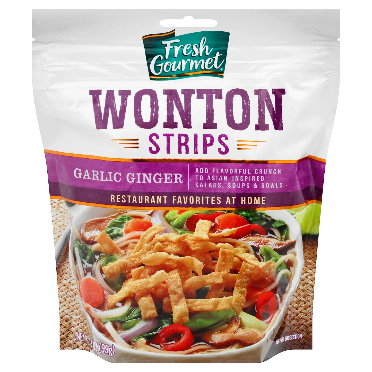 Fresh Gourmet Wonton Strips, Garlic Ginger Flavor, 3.5 Ounce Pack of 6