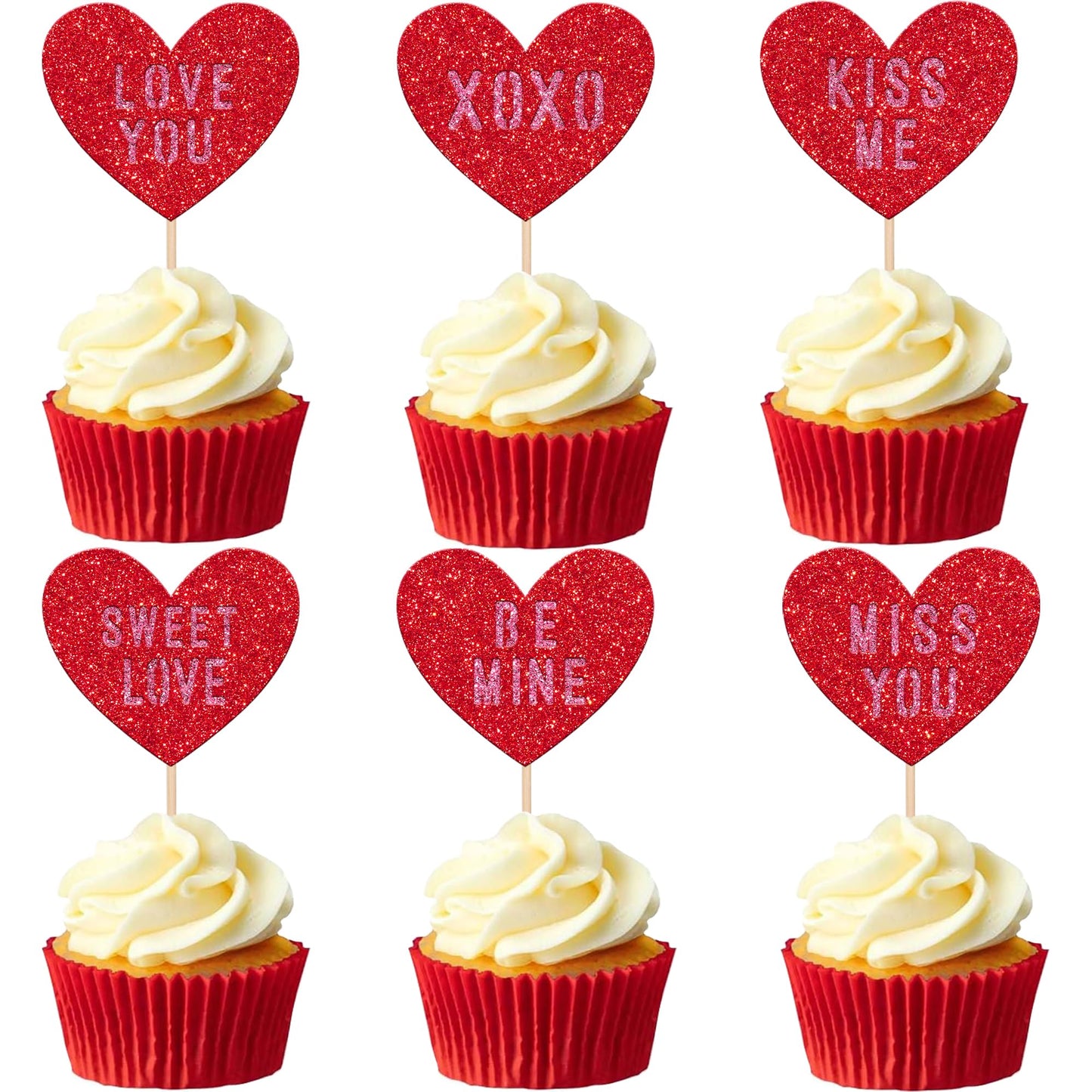 24 Pcs Valentine'S Day Heart Cupcake Toppers Glitter Double Layers Xoxo Sweet Love Be Mine Kiss Me Miss You Cupcake Picks Valent