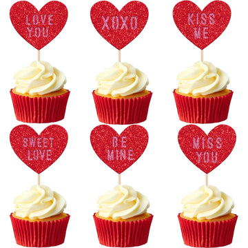 24 Pcs Valentine'S Day Heart Cupcake Toppers Glitter Double Layers Xoxo Sweet Love Be Mine Kiss Me Miss You Cupcake Picks Valent