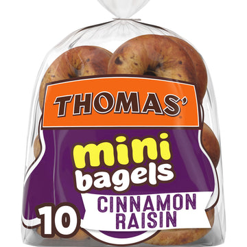 Thomas Cinnamon Raisin Mini Bagels, 10 Pre Sliced Mini Bagels with No High Fructose Corn Syrup, 15 Oz Bag