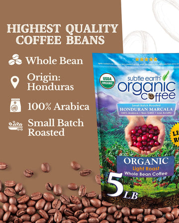 Subtle Earth Organic Coffee - Light Roast - Whole Bean Coffee - 100% Arabica Beans - Low Acidity And Non-Gmo - 5Lb Bag