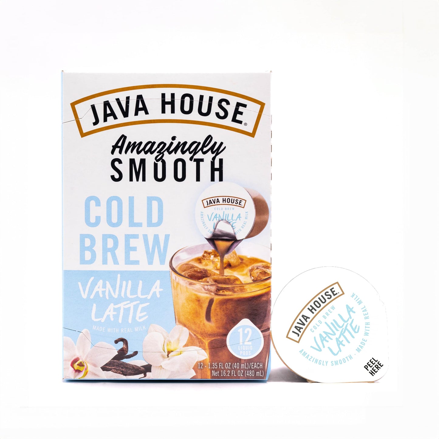 JAVA HOUSE French Vanilla Latte Cold Brew Coffee Pods  (12 Count) Peel and Pour Pods Hot or Iced