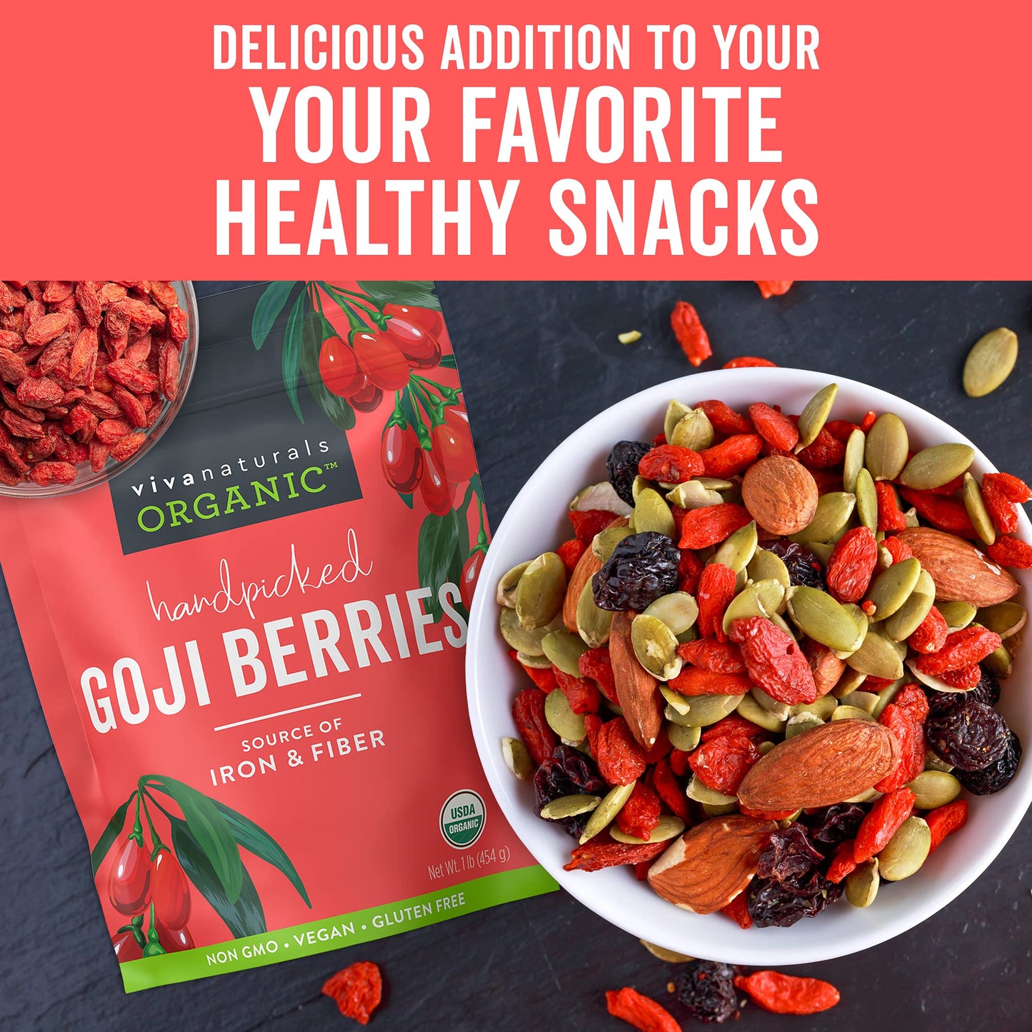 Viva Naturals Organic Dried Goji Berries, 16 Oz (1 Lb) Non-Gmo And Vegan Wolfberries, Perfect For Baking, Smoothies, Teas And Sn