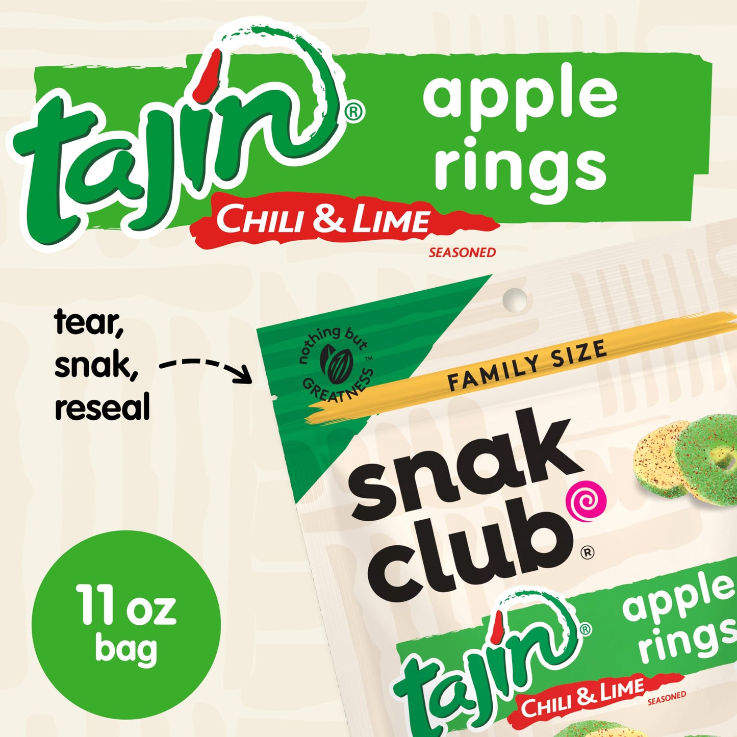 Snak Club Tajin Apple Rings Gummy Candy, Fruit Candy Gummies with Chili and Lime Seasoning, Mild, Gluten-Free and Vegan Snacks,