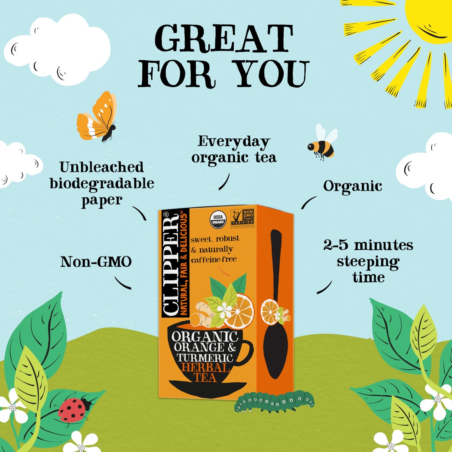 Clipper Organic Herbal Tea, Orange & Turmeric, Caffeine Free, 20 Unbleached Tea Bags, Plant Based