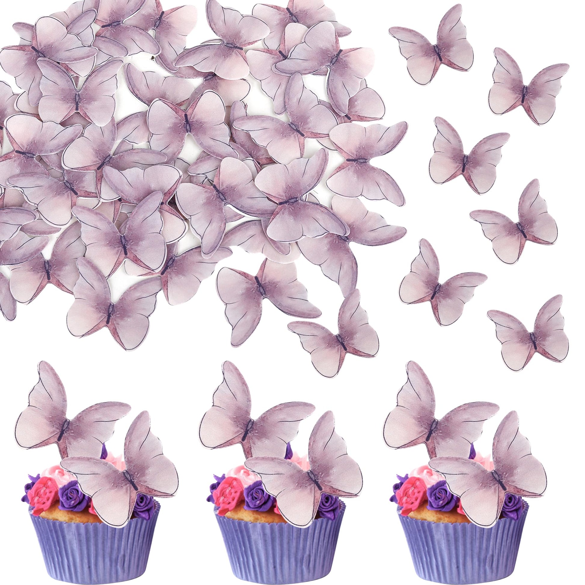 Rsstarxi 48 Pack Edible Butterflies for Cake Decorating, Purple Paper Cupcake Toppers