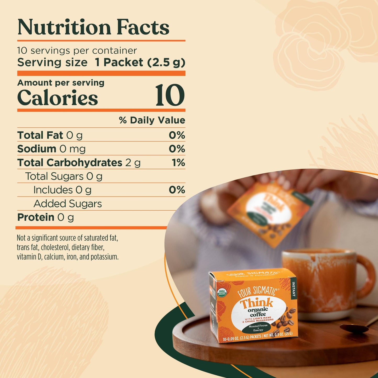 Four Sigmatic Instant Mushroom Coffee Mix with Lions Mane & Chaga, 0.9 oz, 10 Packets, Focus Support, Think W/ Lions Mane