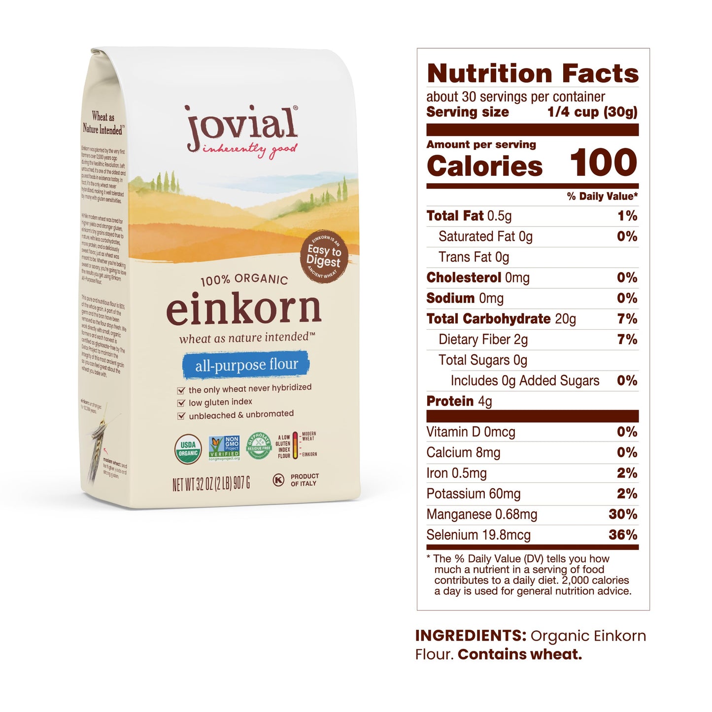 Jovial Organic Einkorn Unbleached All Purpose Flour, High Protein, Non-GMO, 32 Oz