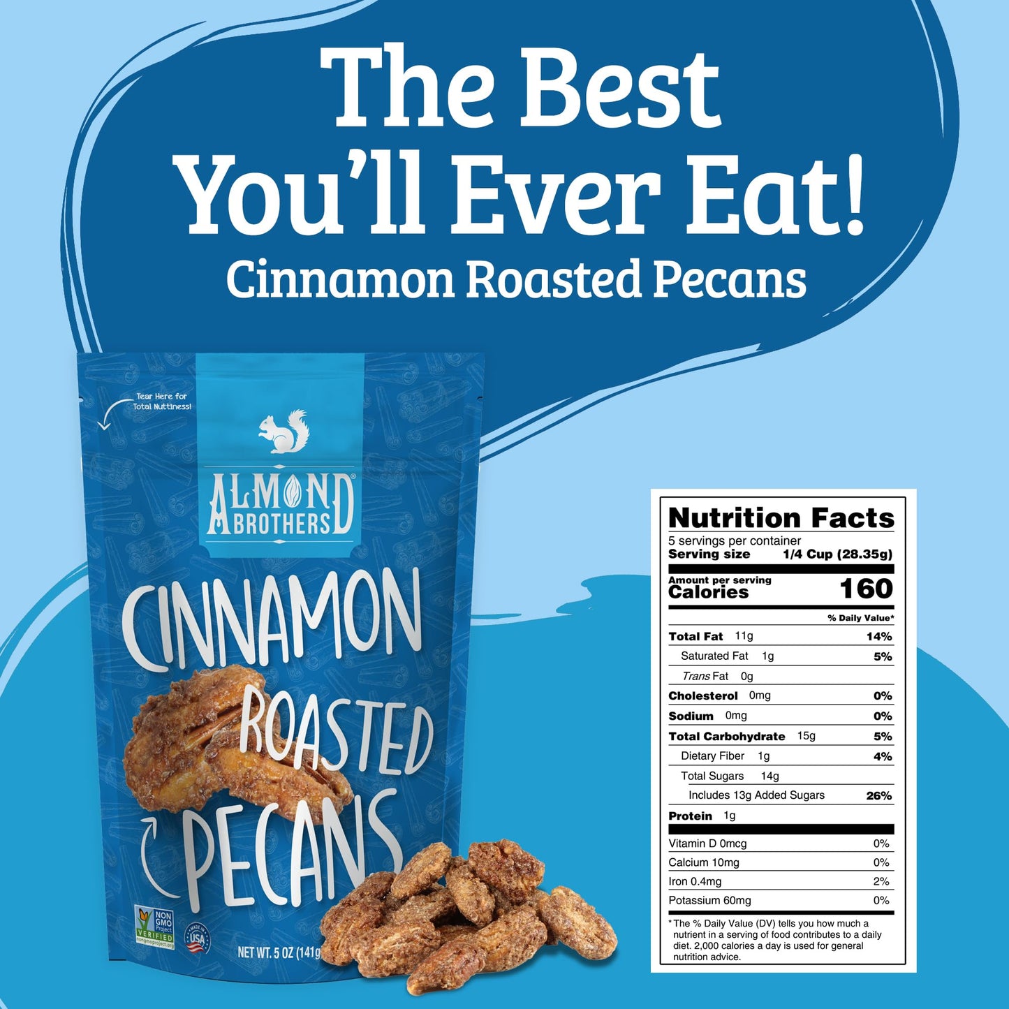 Almond Brothers Cinnamon Roasted Pecans - Gluten-Free, Non-Gmo, Candied Pecans, Gourmet Pecan Snack (5Oz, 3 Pack)