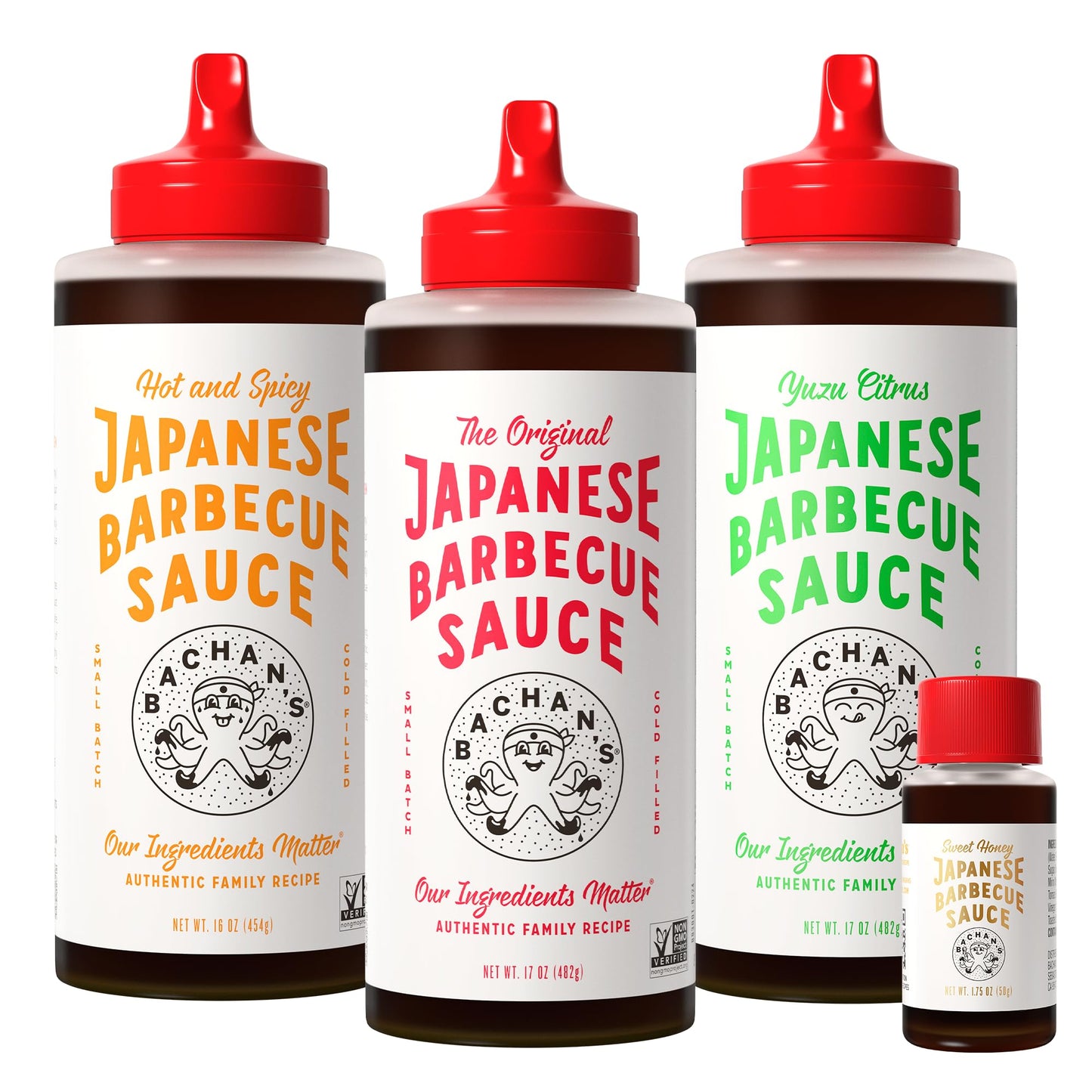 Bachan's Japanese Barbecue Sauce 4 Pack - 1 OG, 1 Hot & Spicy, 1 Yuzu, 1 Sweet Honey Mini - BBQ Sauce for Wings, Chicken, Beef, 