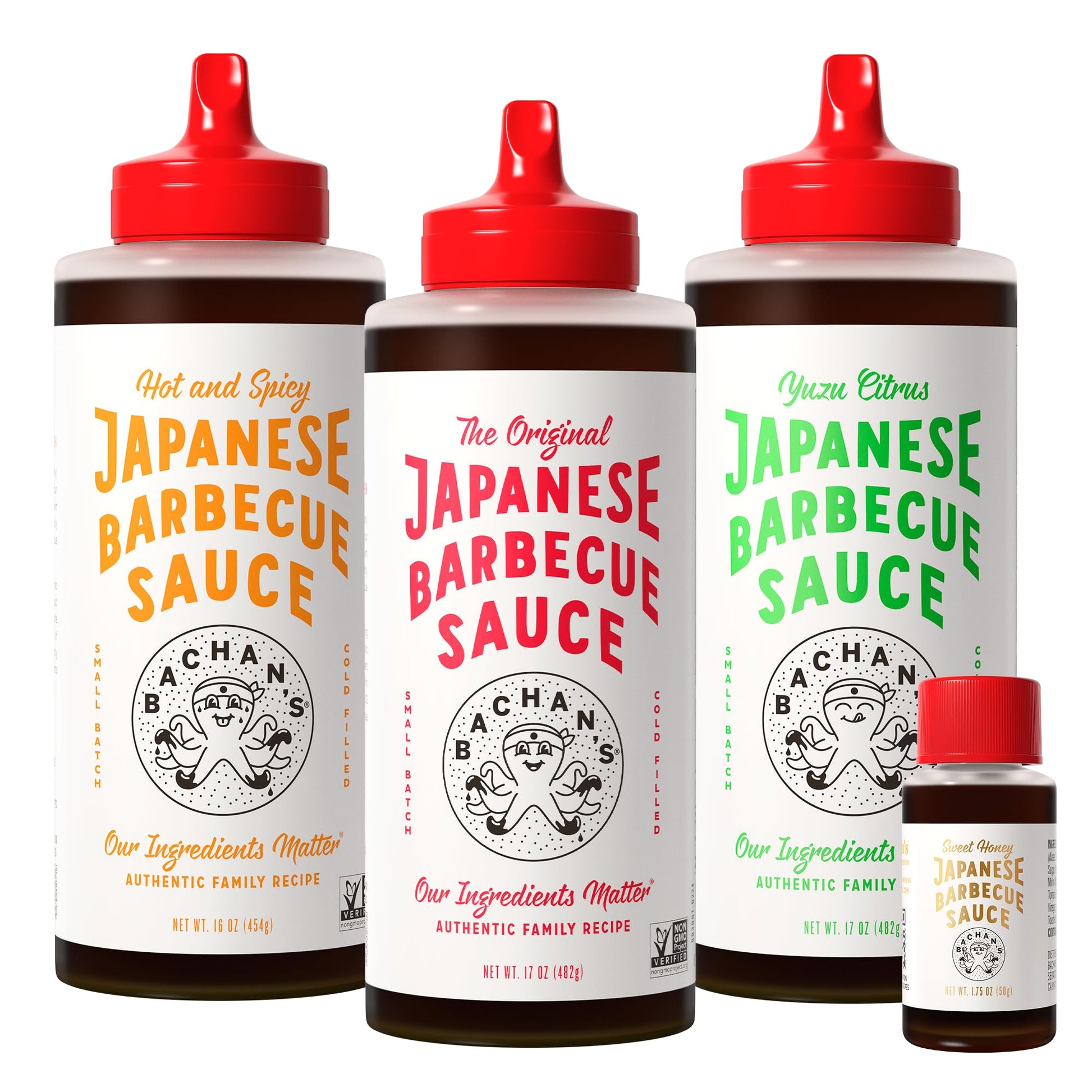 Bachan's Japanese Barbecue Sauce 4 Pack - 1 OG, 1 Hot & Spicy, 1 Yuzu, 1 Sweet Honey Mini - BBQ Sauce for Wings, Chicken, Beef, 